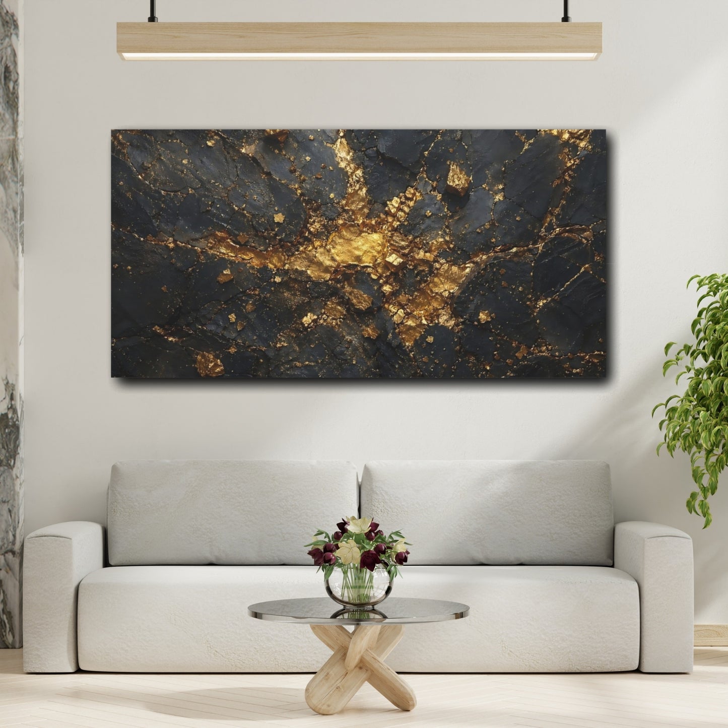 Mockup 3. Abstract Gold Veins Black And Gold shown as stretched canvas wall art