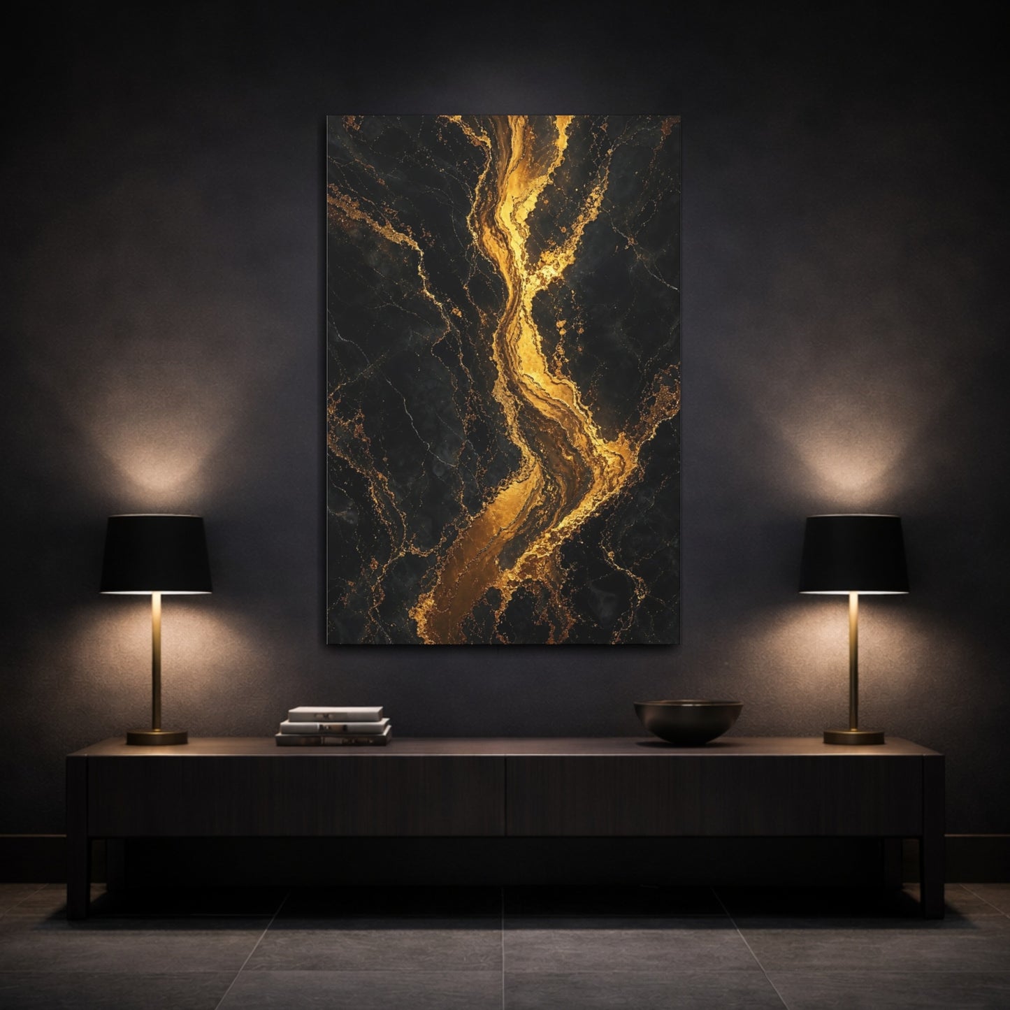 Mockup 3. Abstract Gold Veins Black And Gold shown as stretched canvas wall art