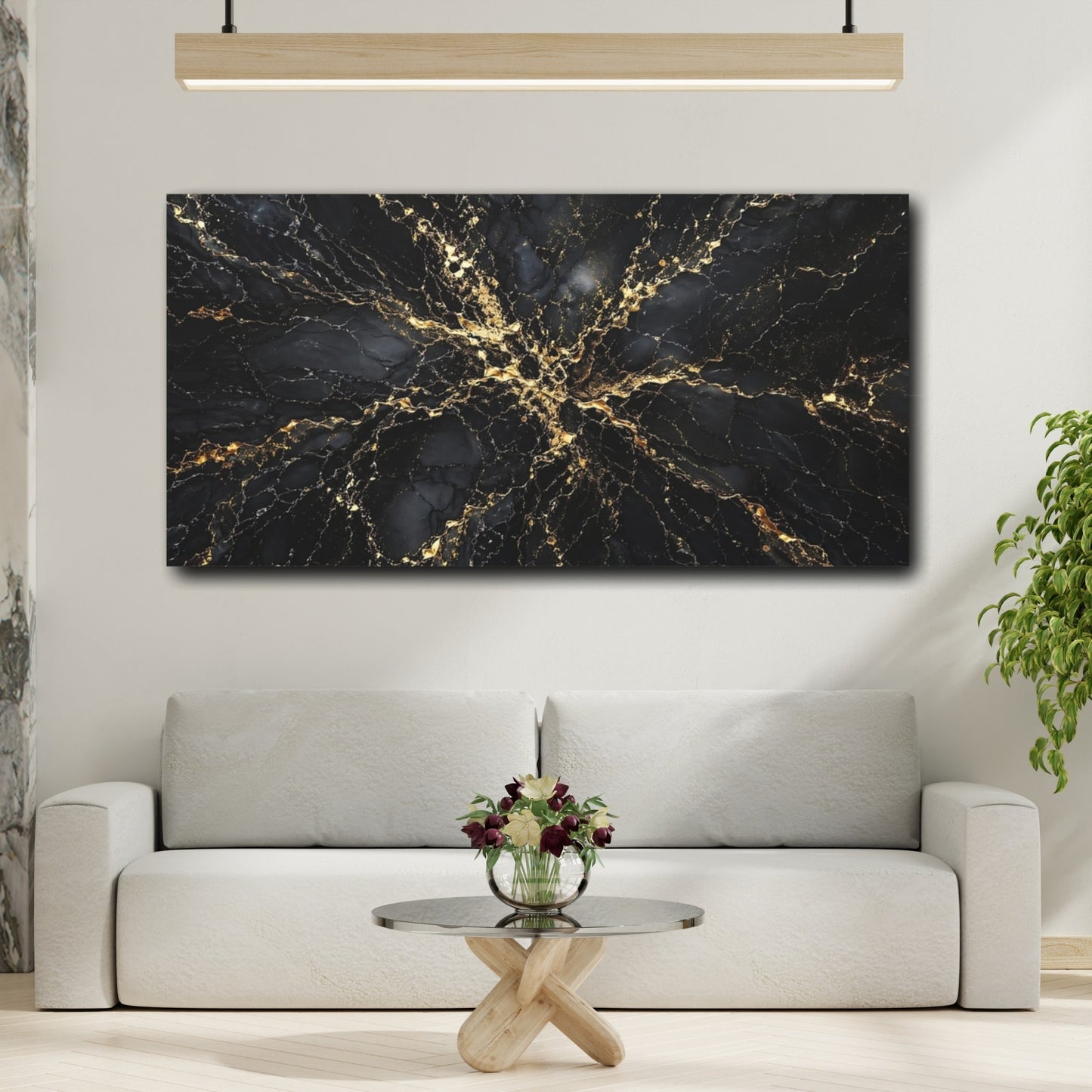 Mockup 3. Abstract Gold Veins Black And Gold shown as stretched canvas wall art