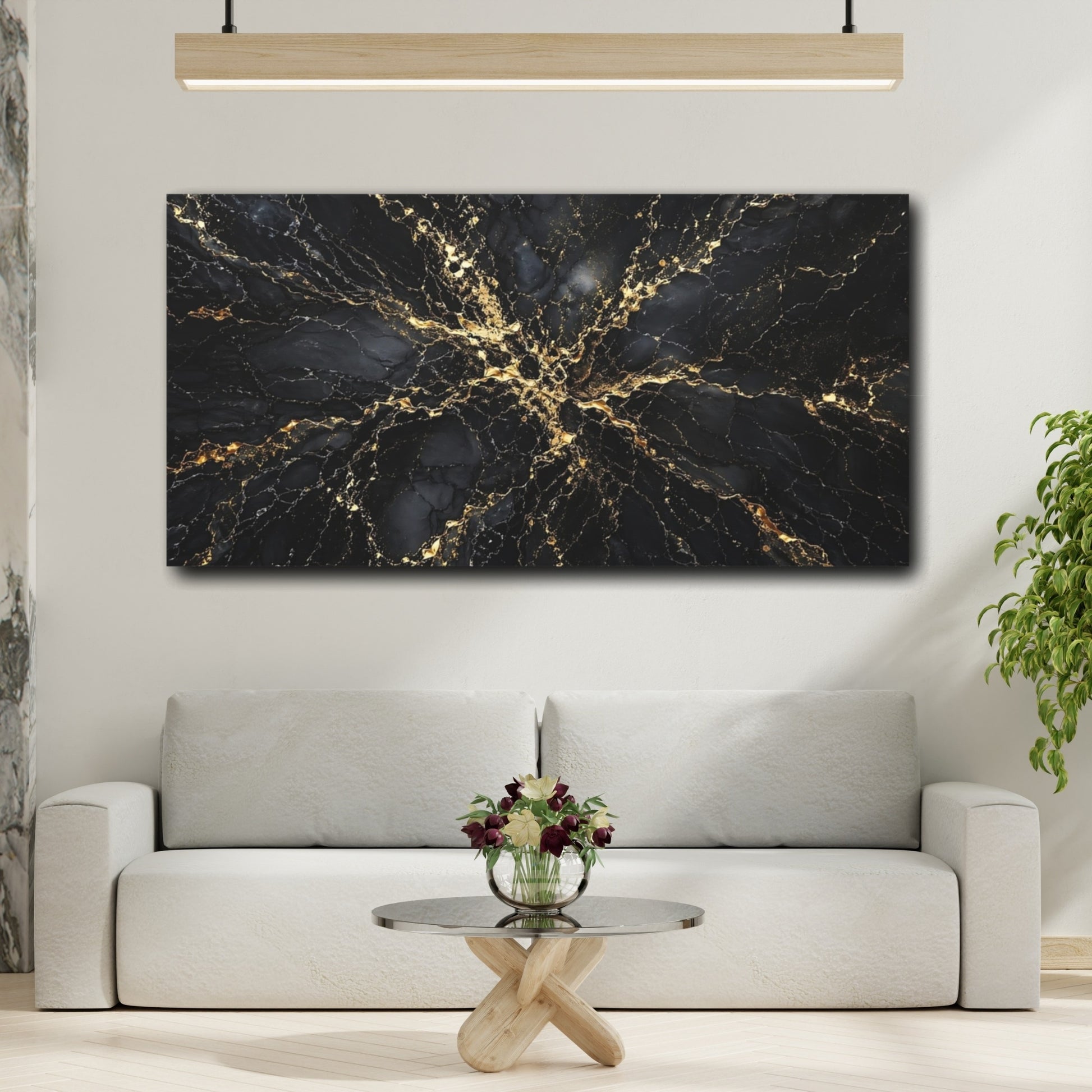 Mockup 3. Abstract Gold Veins Black And Gold shown as stretched canvas wall art