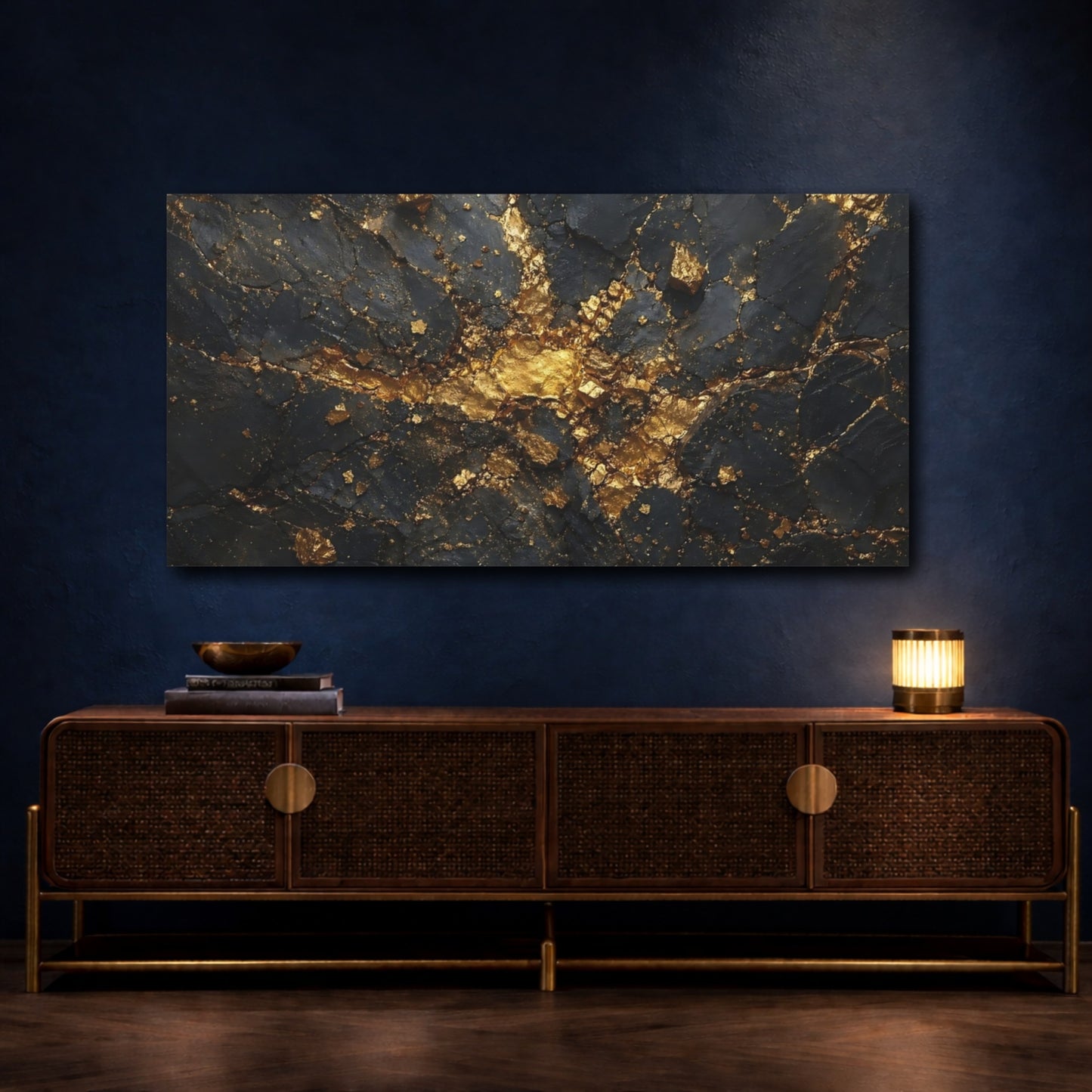 Mockup 4. Abstract Gold Veins Black And Gold shown as stretched canvas wall art