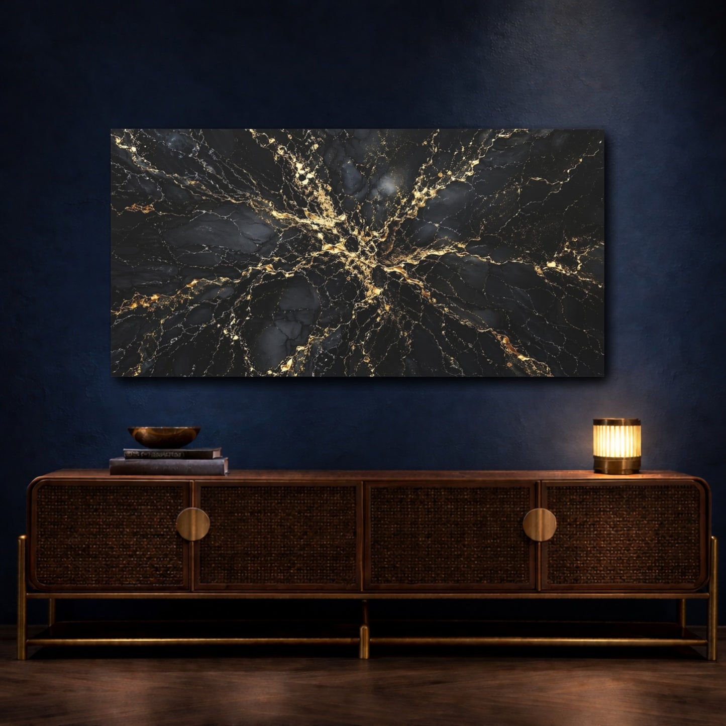 Mockup 4. Abstract Gold Veins Black And Gold shown as stretched canvas wall art