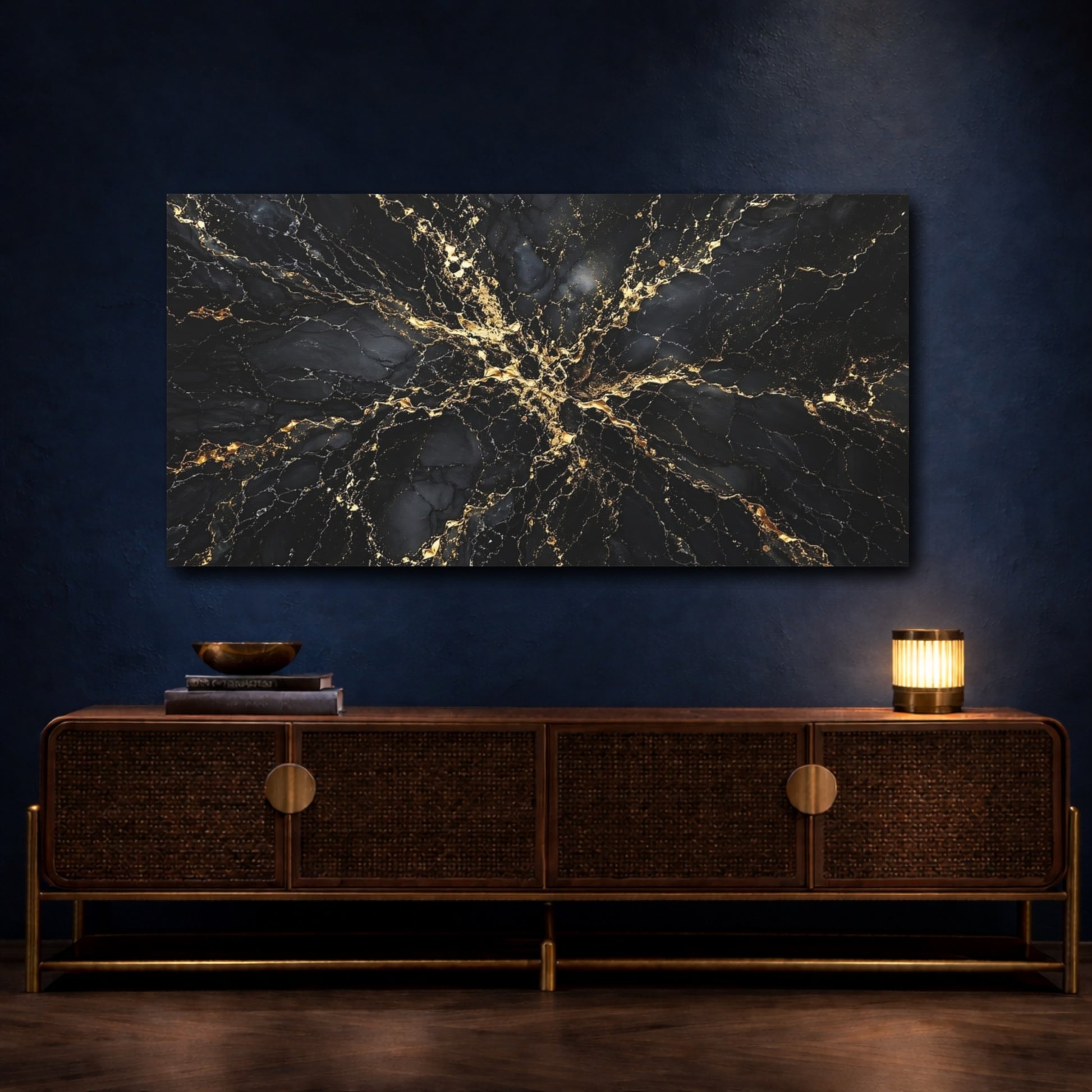Mockup 4. Abstract Gold Veins Black And Gold shown as stretched canvas wall art