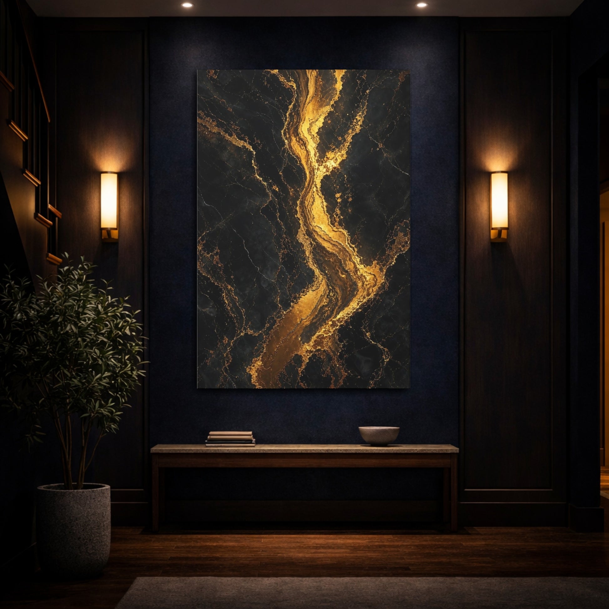 Mockup 4. Abstract Gold Veins Black And Gold shown as stretched canvas wall art