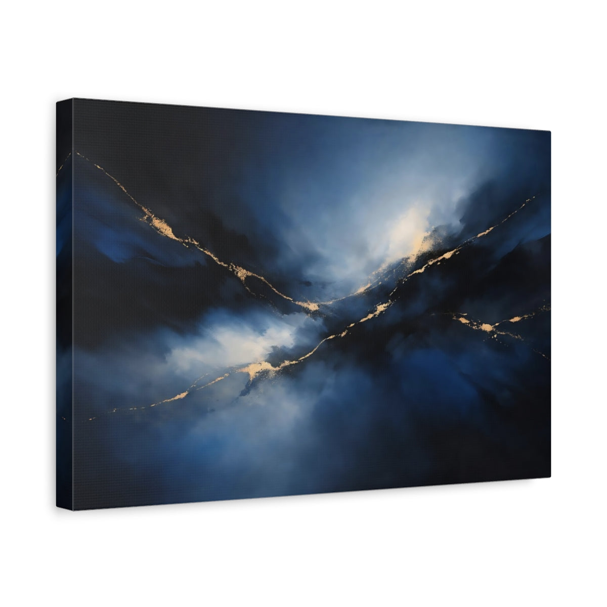 Side Mockup 4. Abstract Gold Veins Blue And Gold shown as stretched canvas wall art