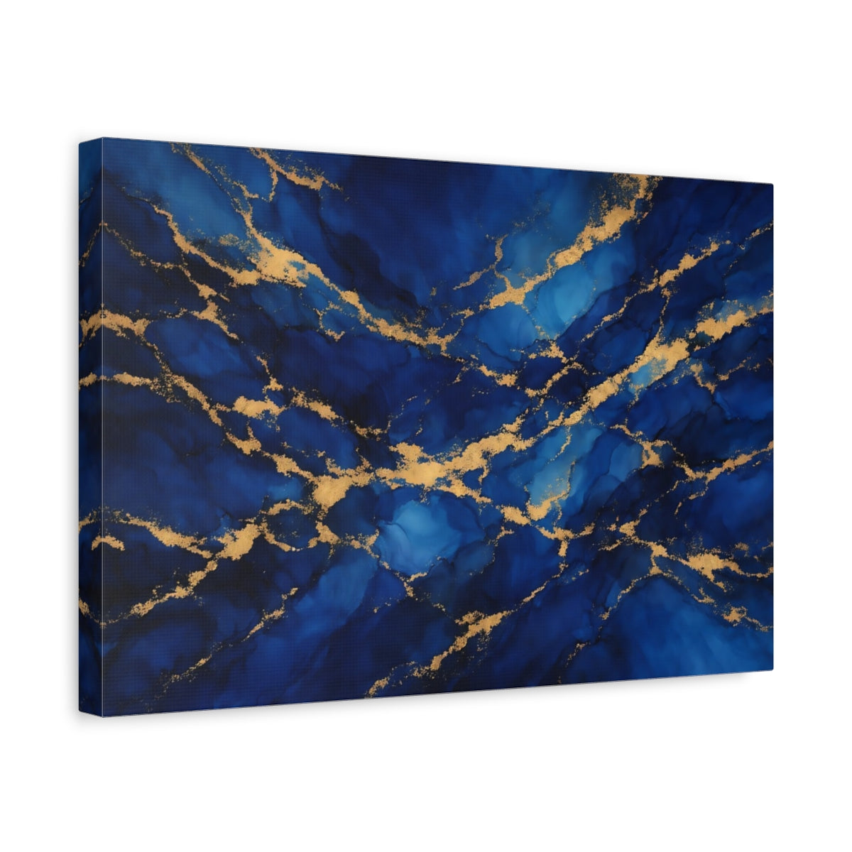 Side Mockup 4. Abstract Gold Veins Blue And Gold shown as stretched canvas wall art