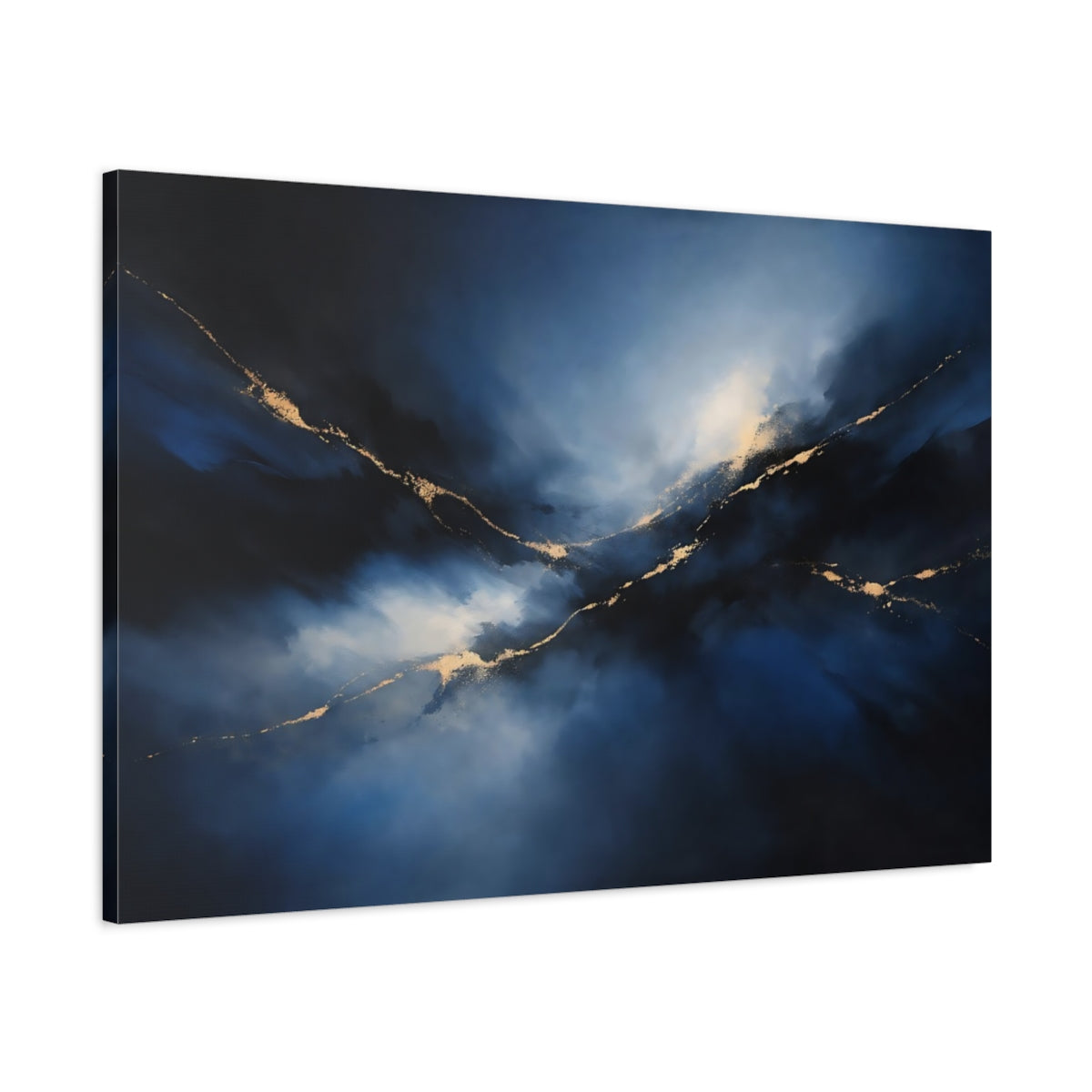 Side Mockup 1. Abstract Gold Veins Blue And Gold shown as stretched canvas wall art