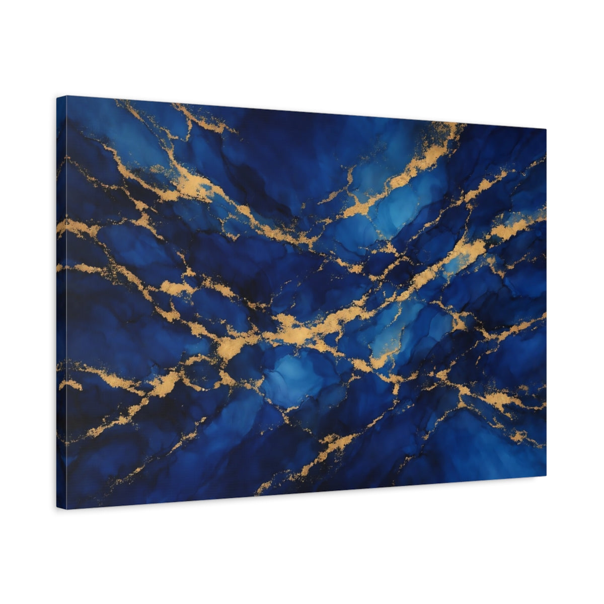 Side Mockup 2. Abstract Gold Veins Blue And Gold shown as stretched canvas wall art
