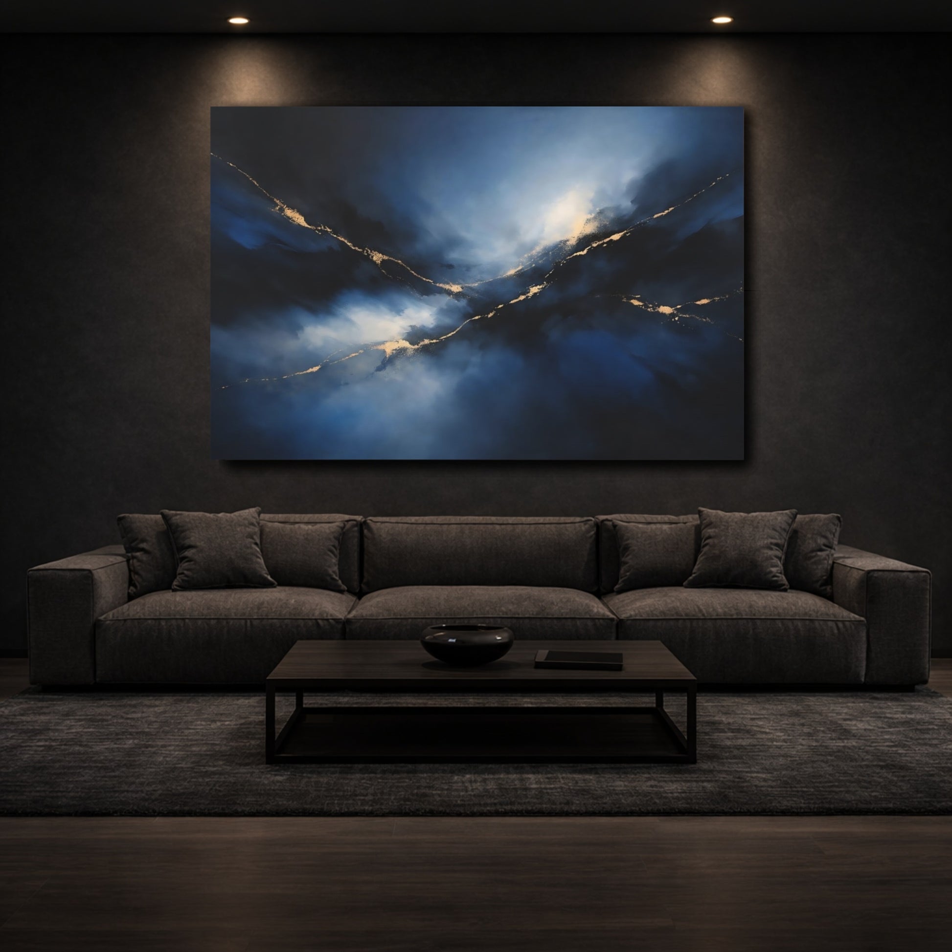 Mockup 2. Abstract Gold Veins Blue And Gold shown as stretched canvas wall art