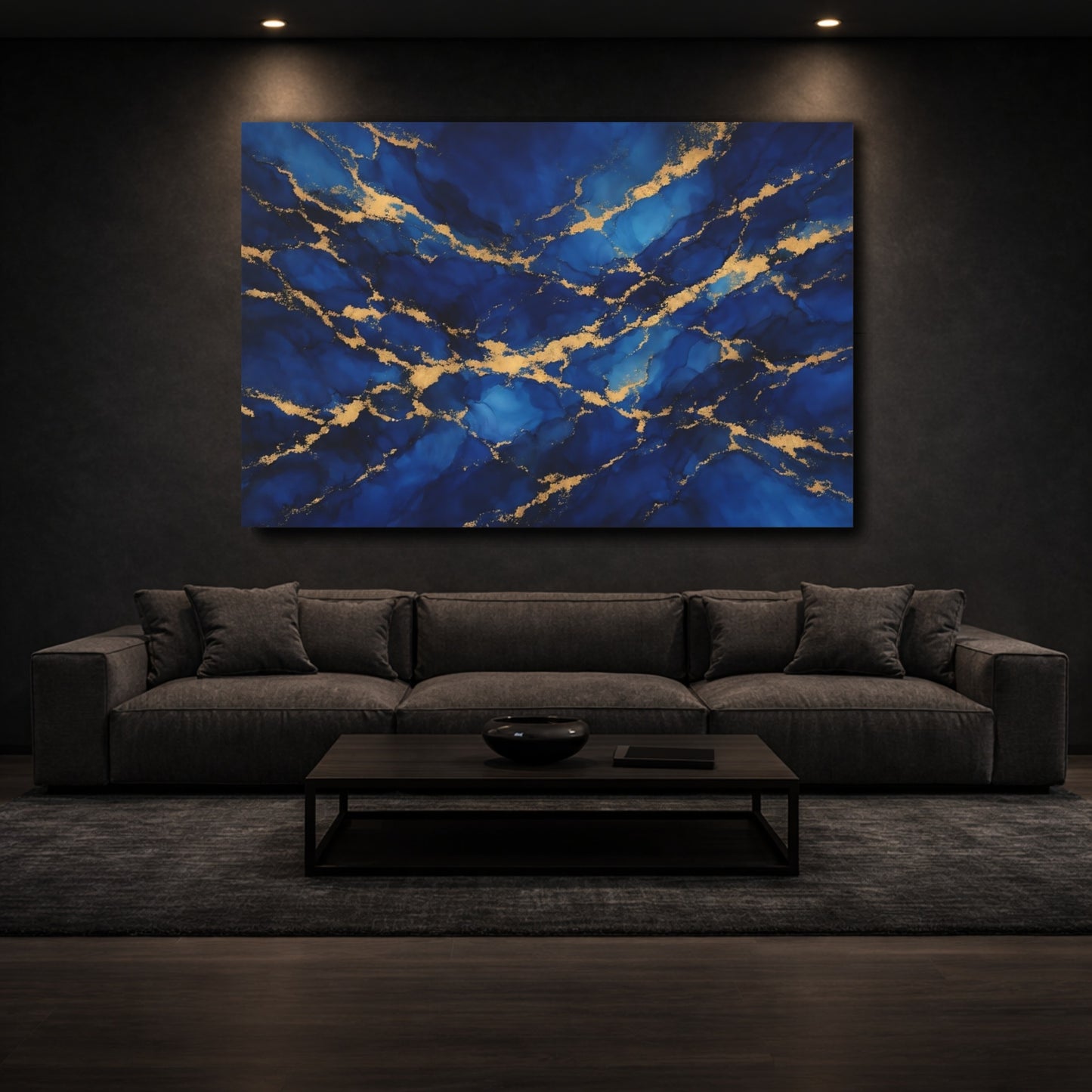 Mockup 2. Abstract Gold Veins Blue And Gold shown as stretched canvas wall art