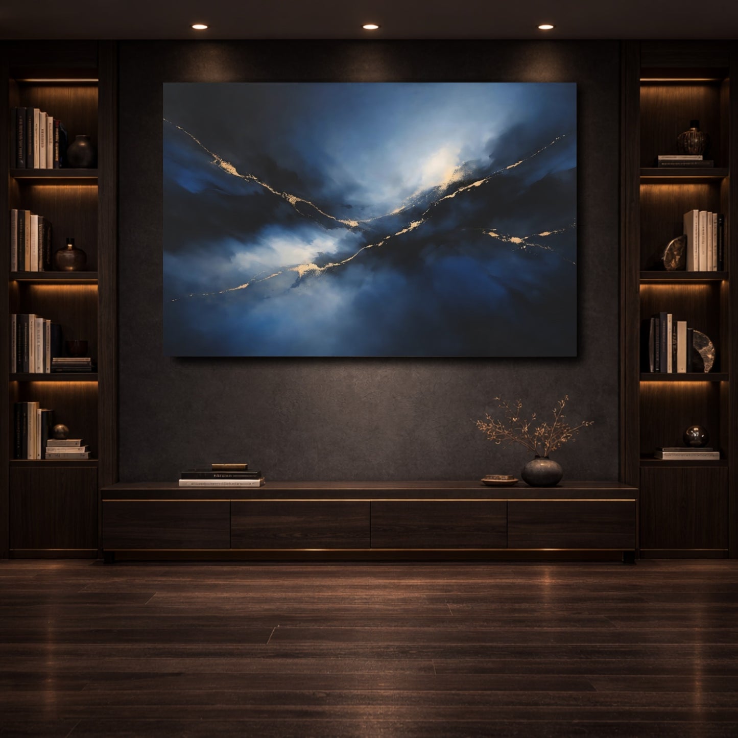 Mockup 3. Abstract Gold Veins Blue And Gold shown as stretched canvas wall art