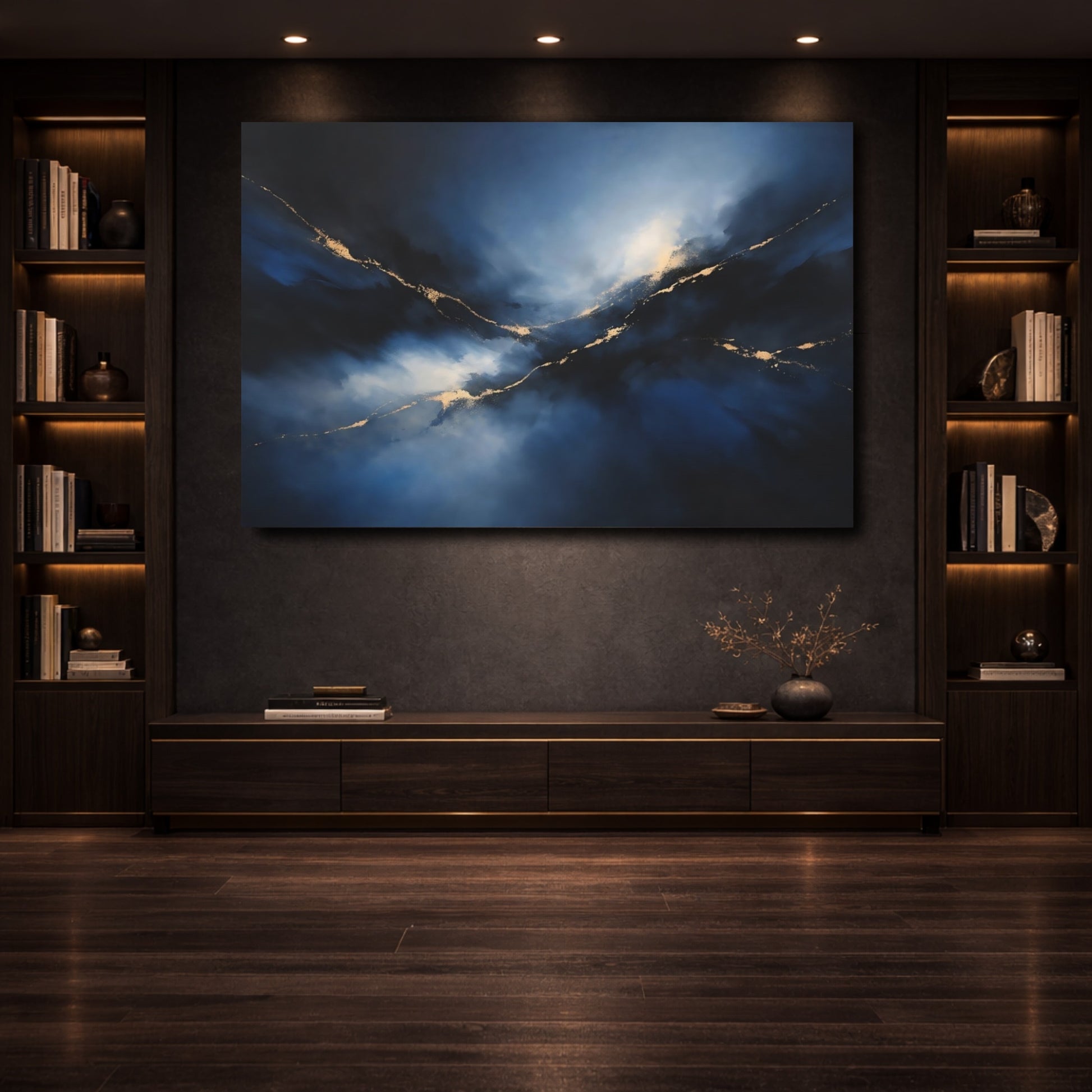 Mockup 3. Abstract Gold Veins Blue And Gold shown as stretched canvas wall art