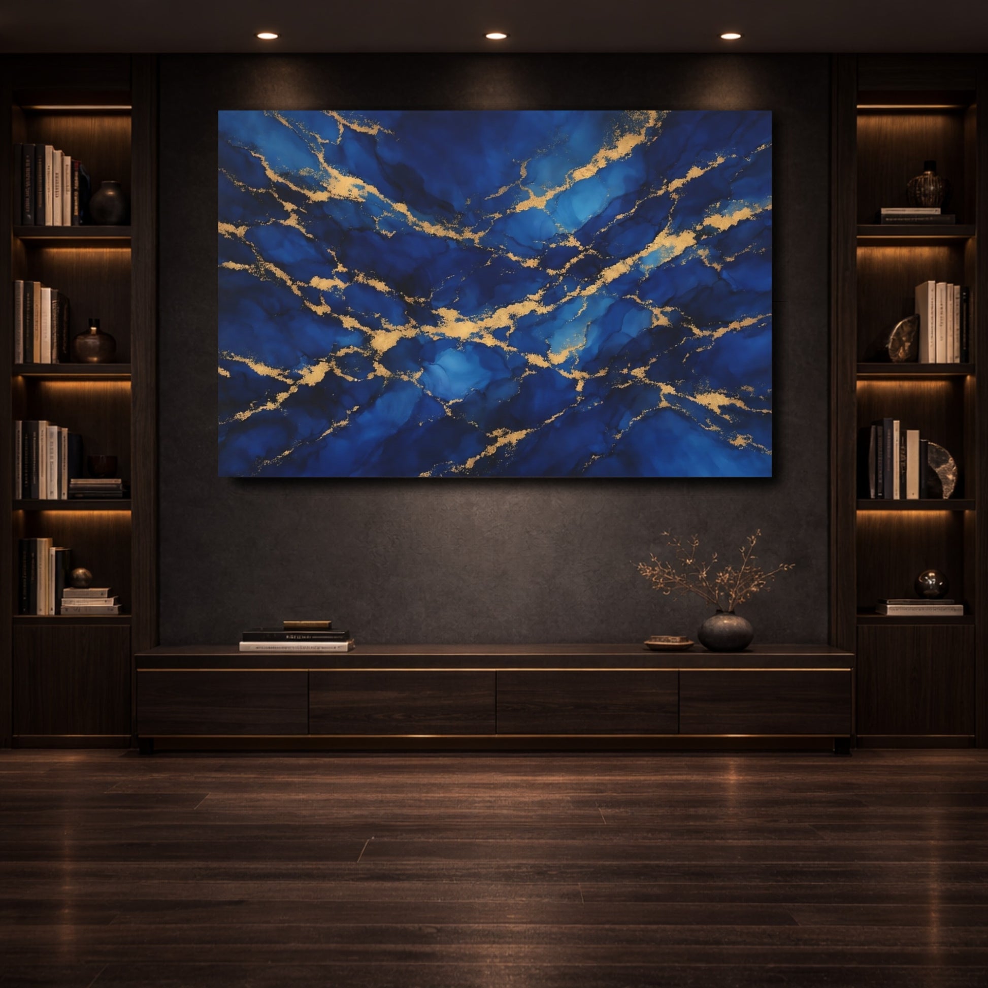 Mockup 3. Abstract Gold Veins Blue And Gold shown as stretched canvas wall art