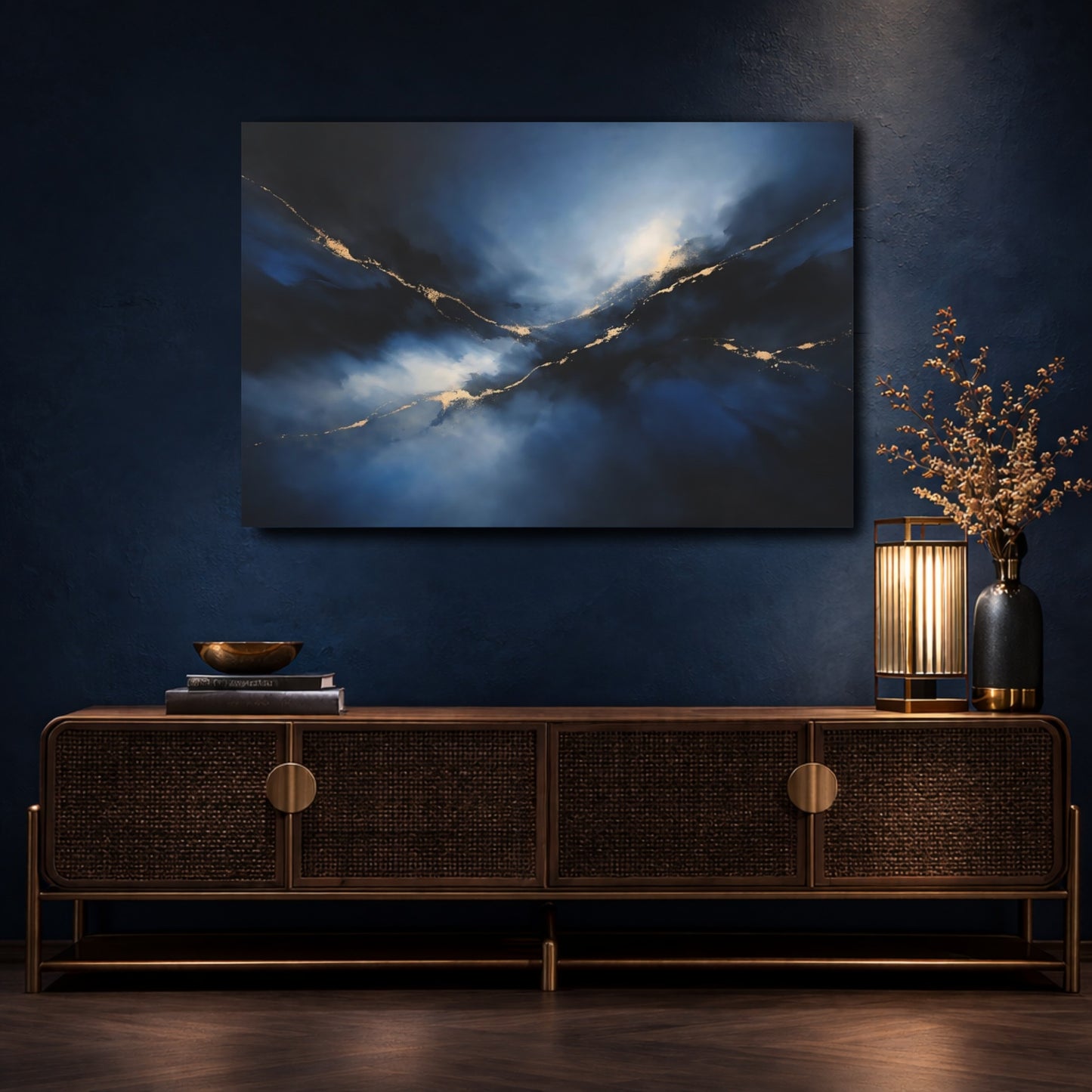 Mockup 4. Abstract Gold Veins Blue And Gold shown as stretched canvas wall art