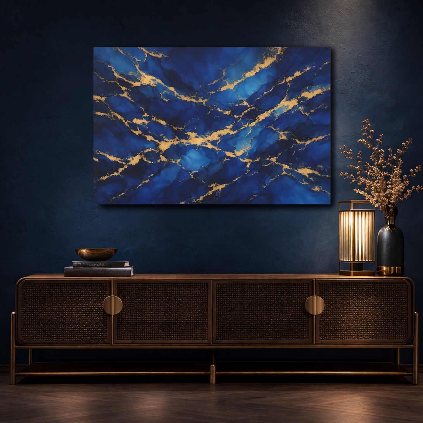Mockup 4. Abstract Gold Veins Blue And Gold shown as stretched canvas wall art