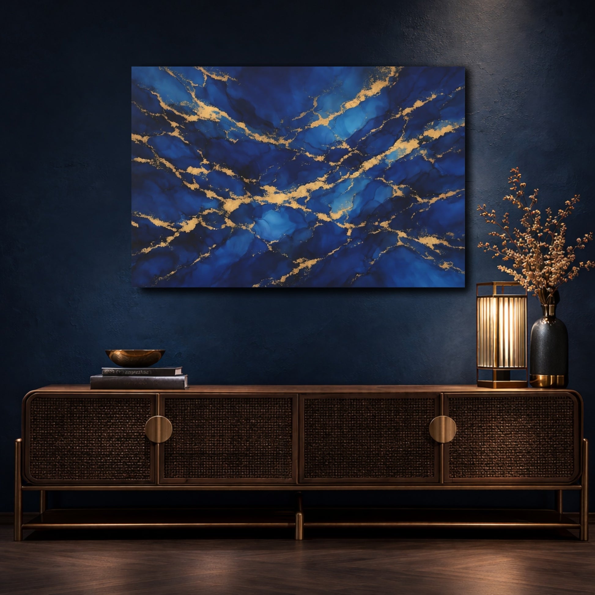 Mockup 4. Abstract Gold Veins Blue And Gold shown as stretched canvas wall art