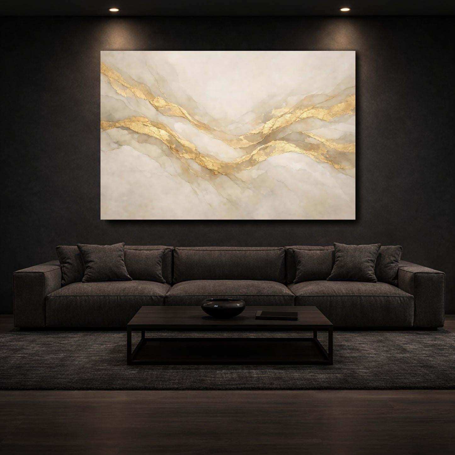 Mockup 2. Abstract Gold Veins Gold And Beige Abstract shown as stretched canvas wall art
