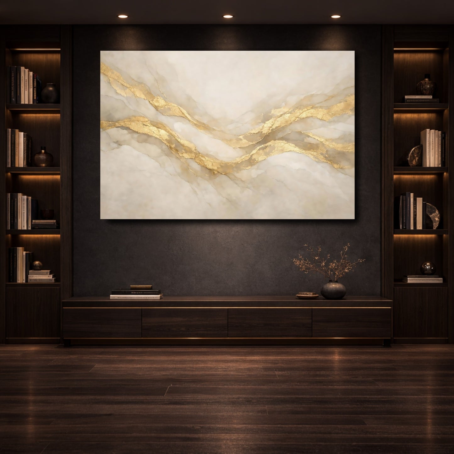 Mockup 3. Abstract Gold Veins Gold And Beige Abstract shown as stretched canvas wall art