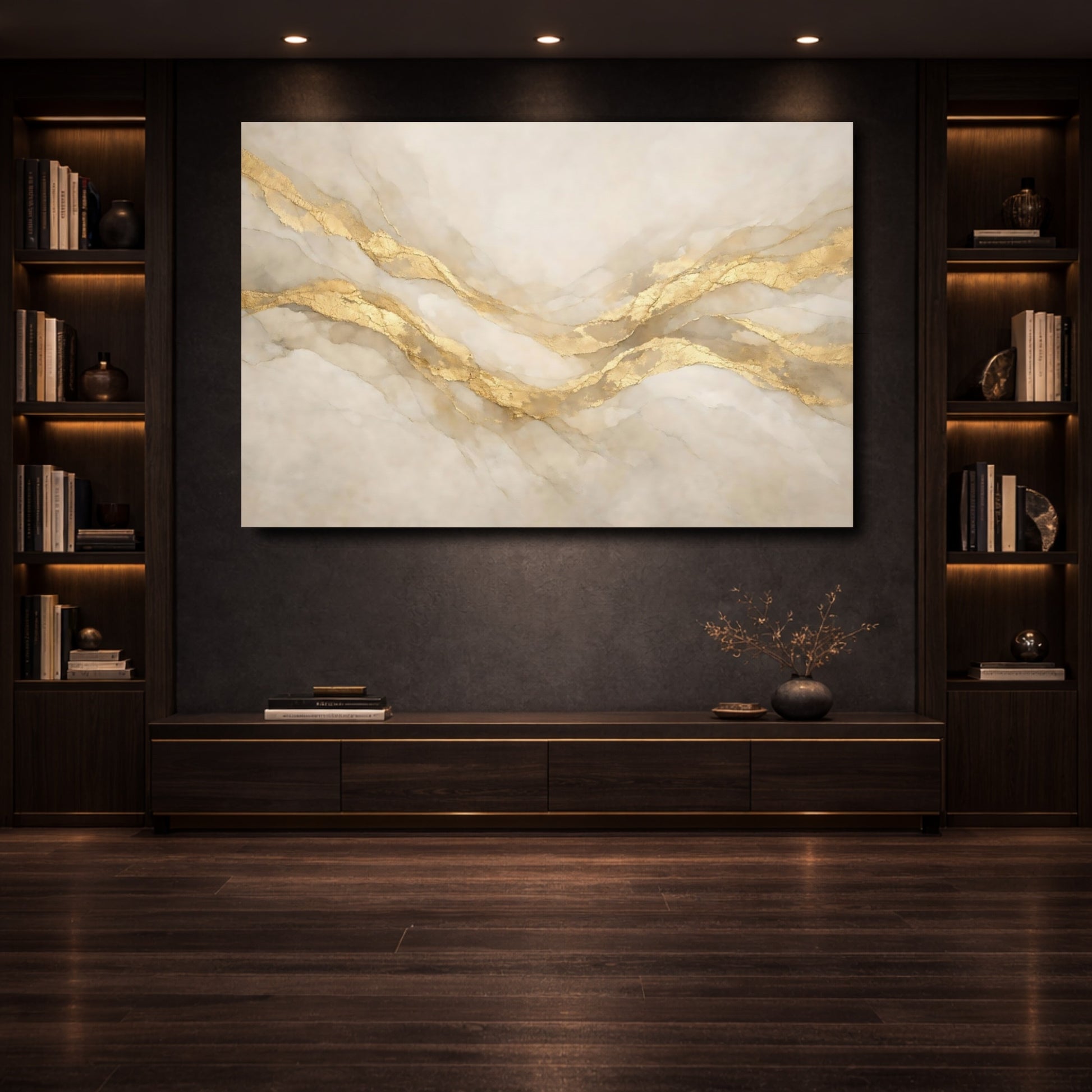 Mockup 3. Abstract Gold Veins Gold And Beige Abstract shown as stretched canvas wall art