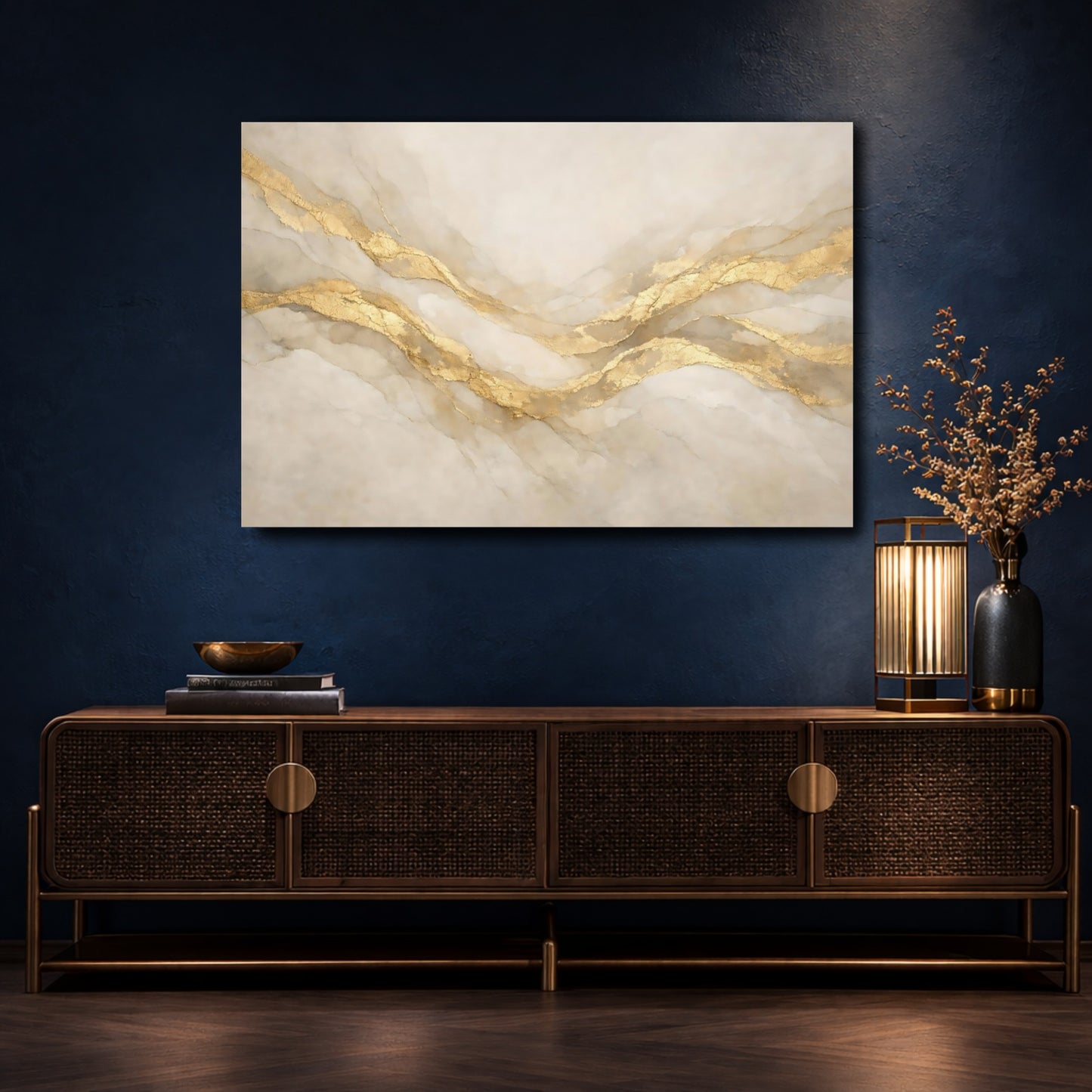 Mockup 4. Abstract Gold Veins Gold And Beige Abstract shown as stretched canvas wall art