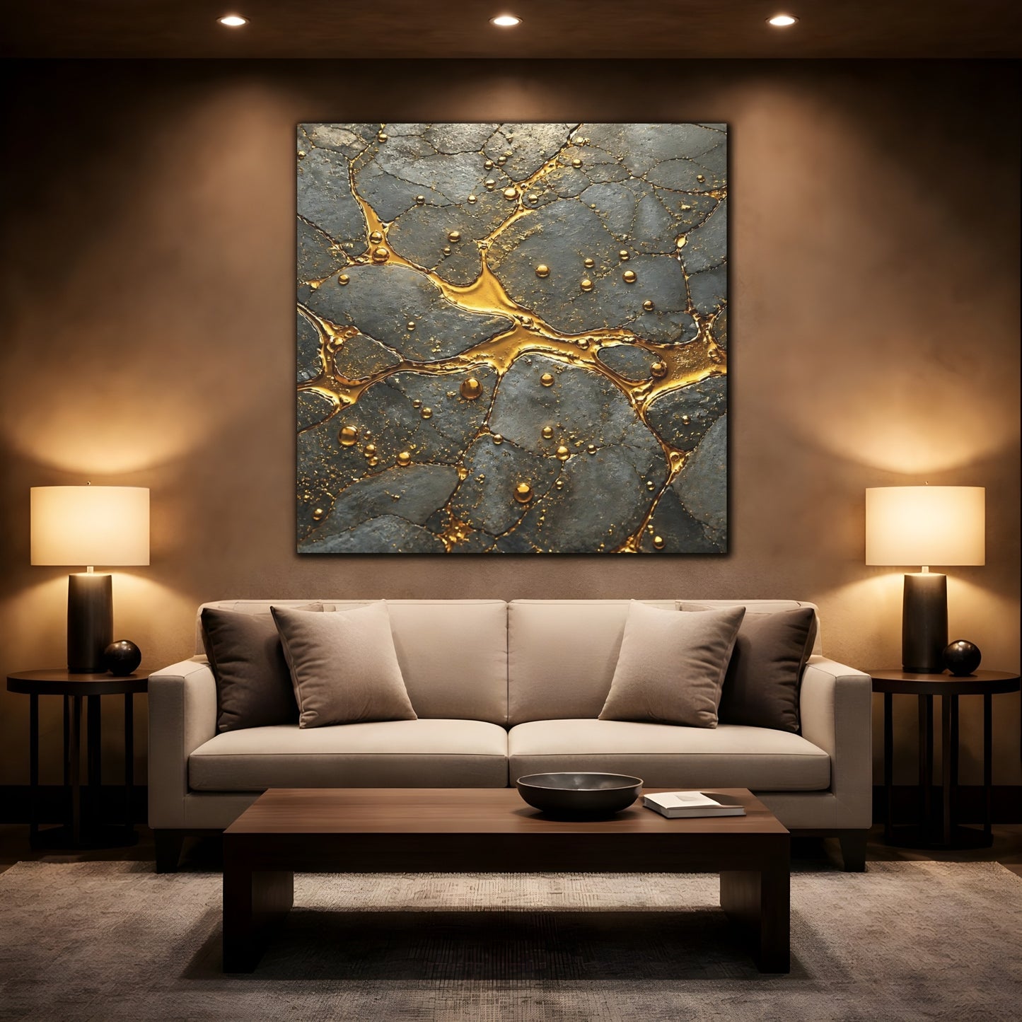 Mockup 2. Abstract Gold Veins Gold And Gray shown as stretched canvas wall art