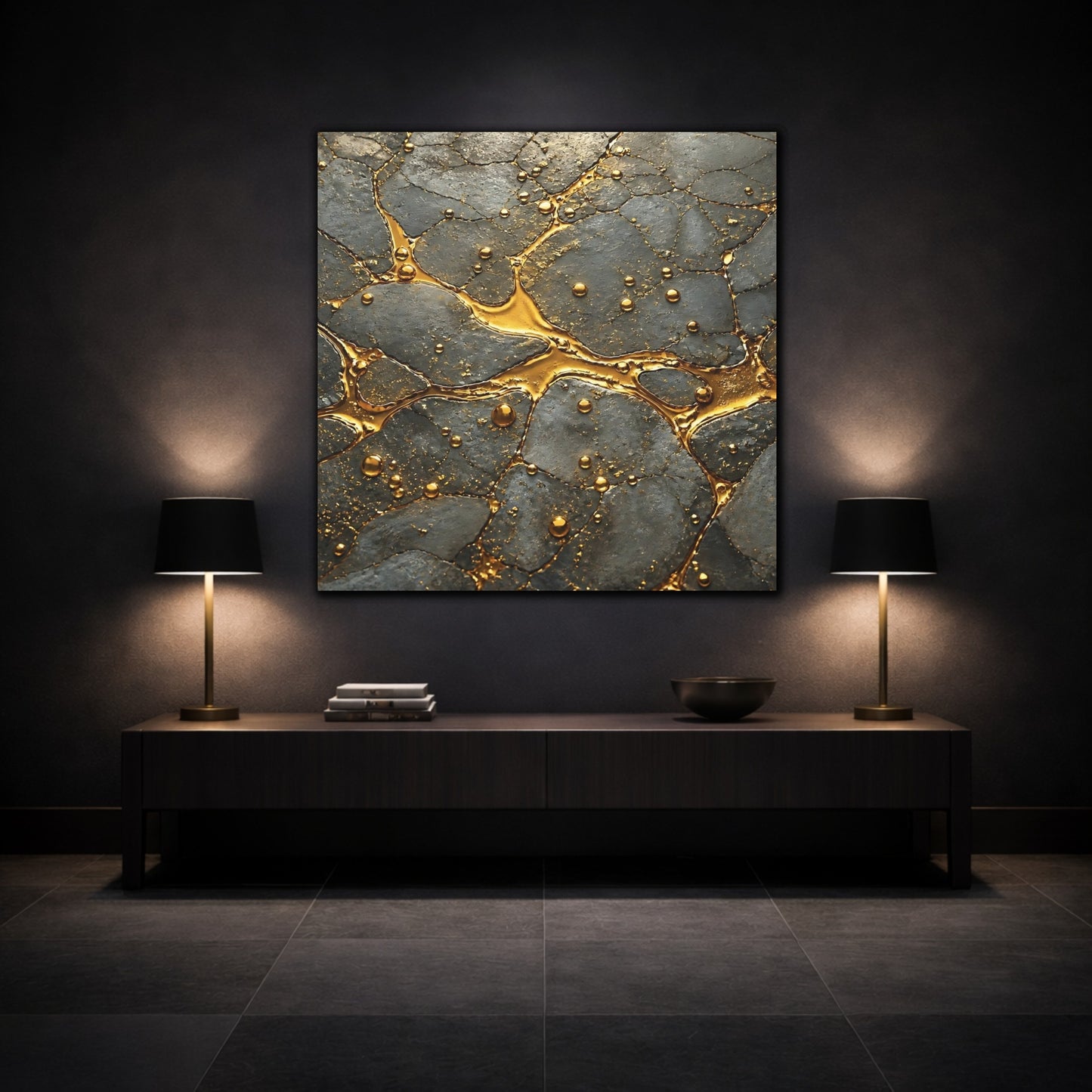 Mockup 3. Abstract Gold Veins Gold And Gray shown as stretched canvas wall art