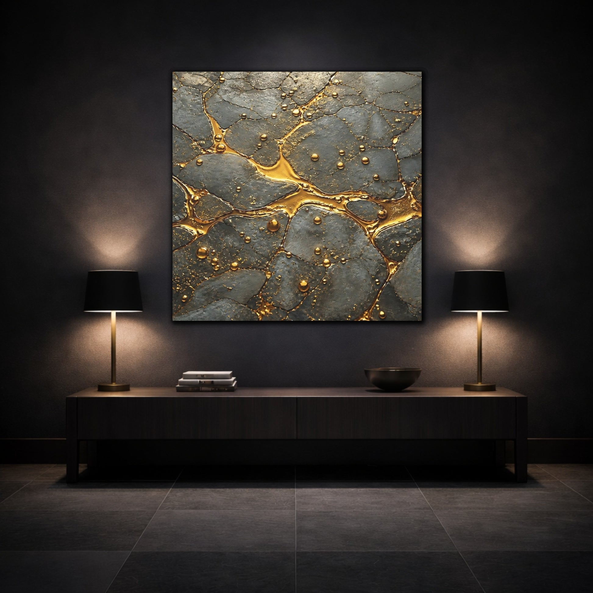 Mockup 3. Abstract Gold Veins Gold And Gray shown as stretched canvas wall art