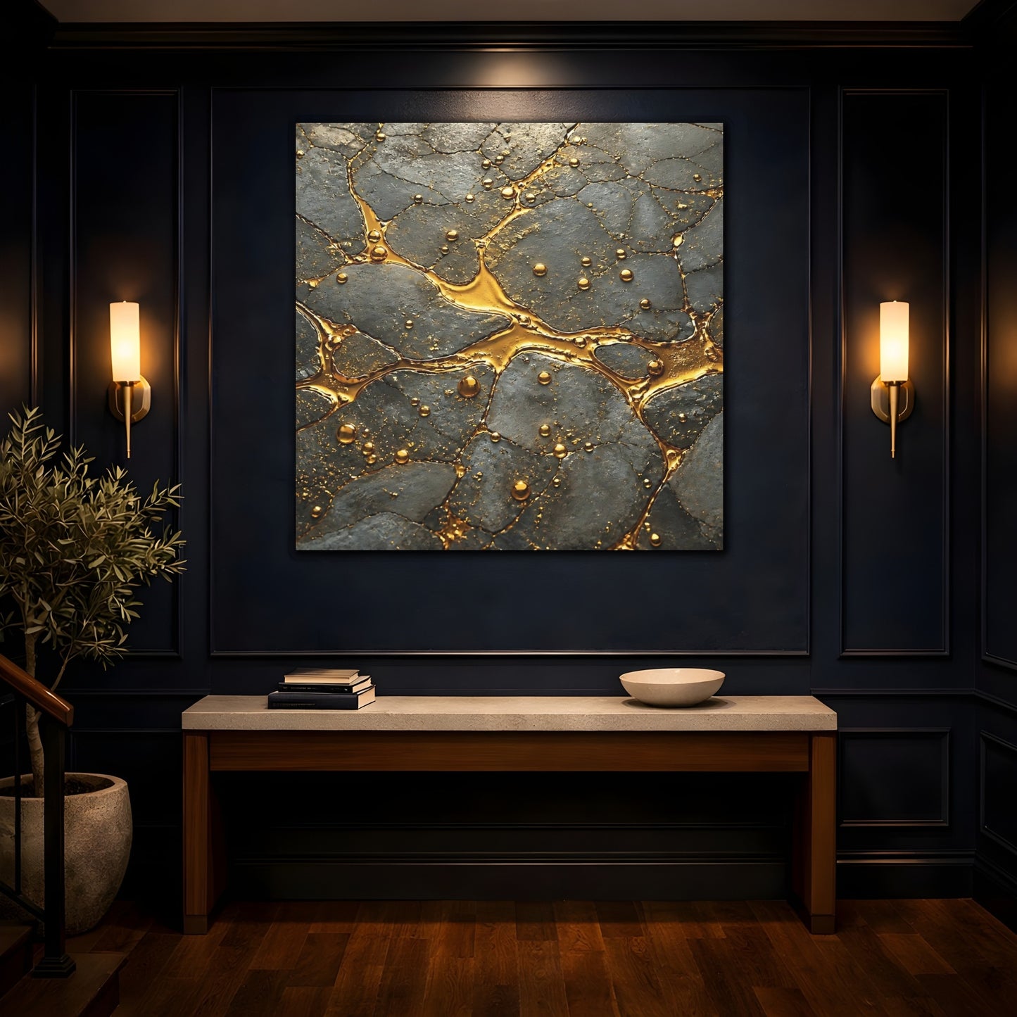 Mockup 4. Abstract Gold Veins Gold And Gray shown as stretched canvas wall art