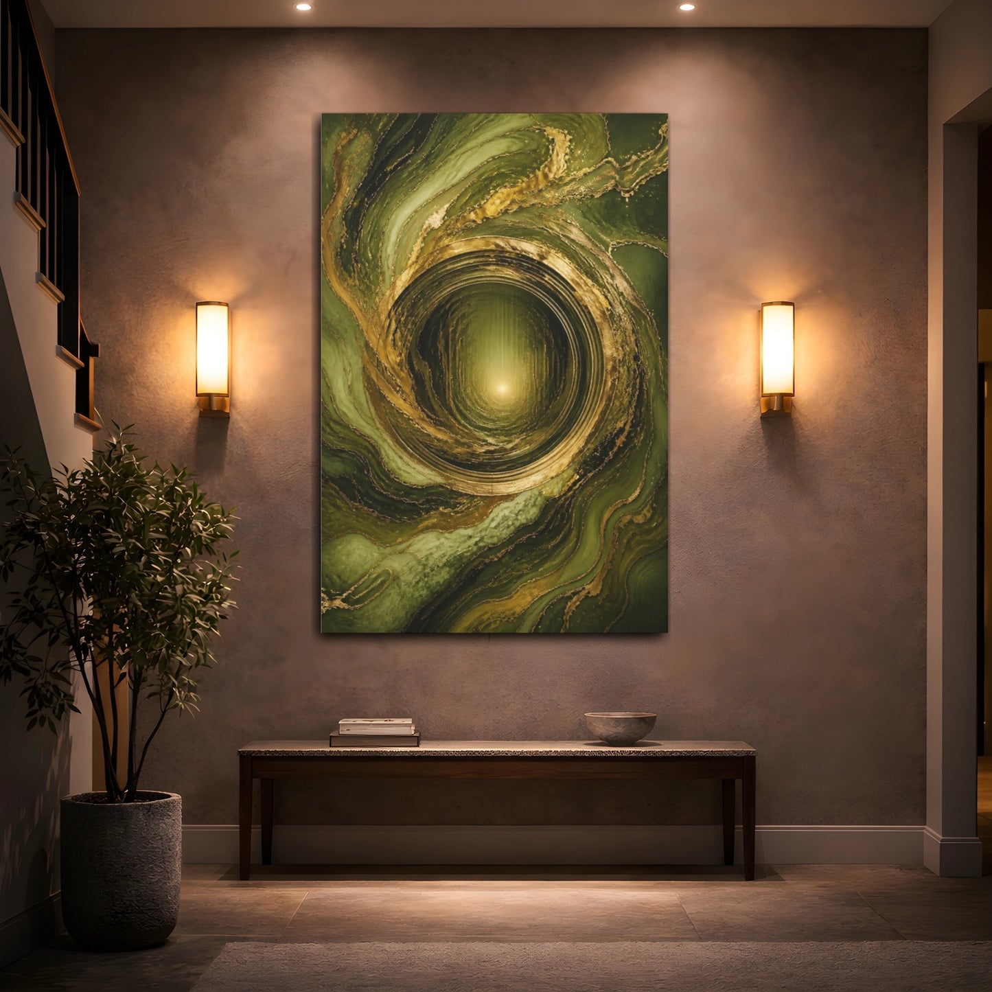 Mockup 2. Abstract Gold Vortex shown as canvas print