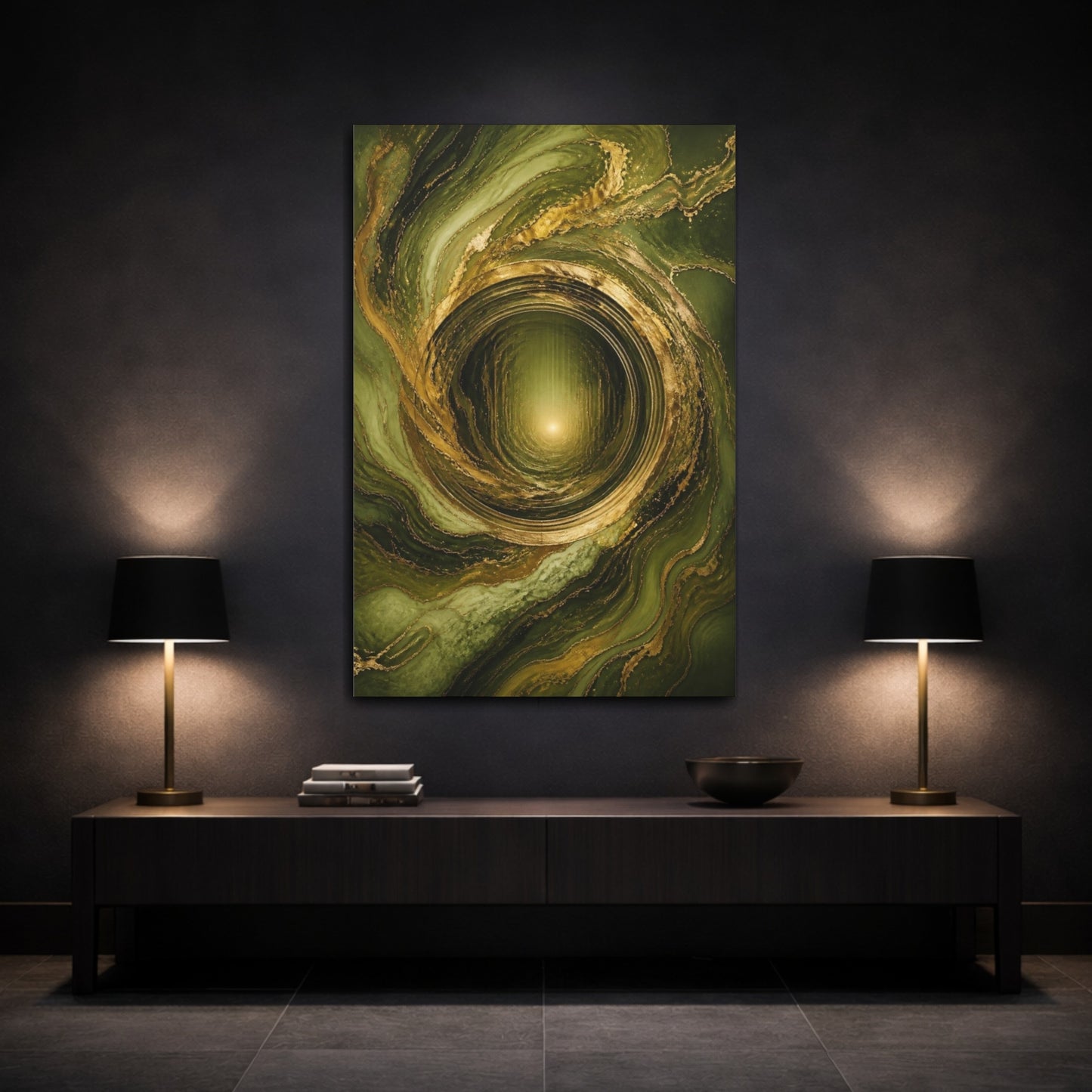 Mockup 3. Abstract Gold Vortex shown as canvas print