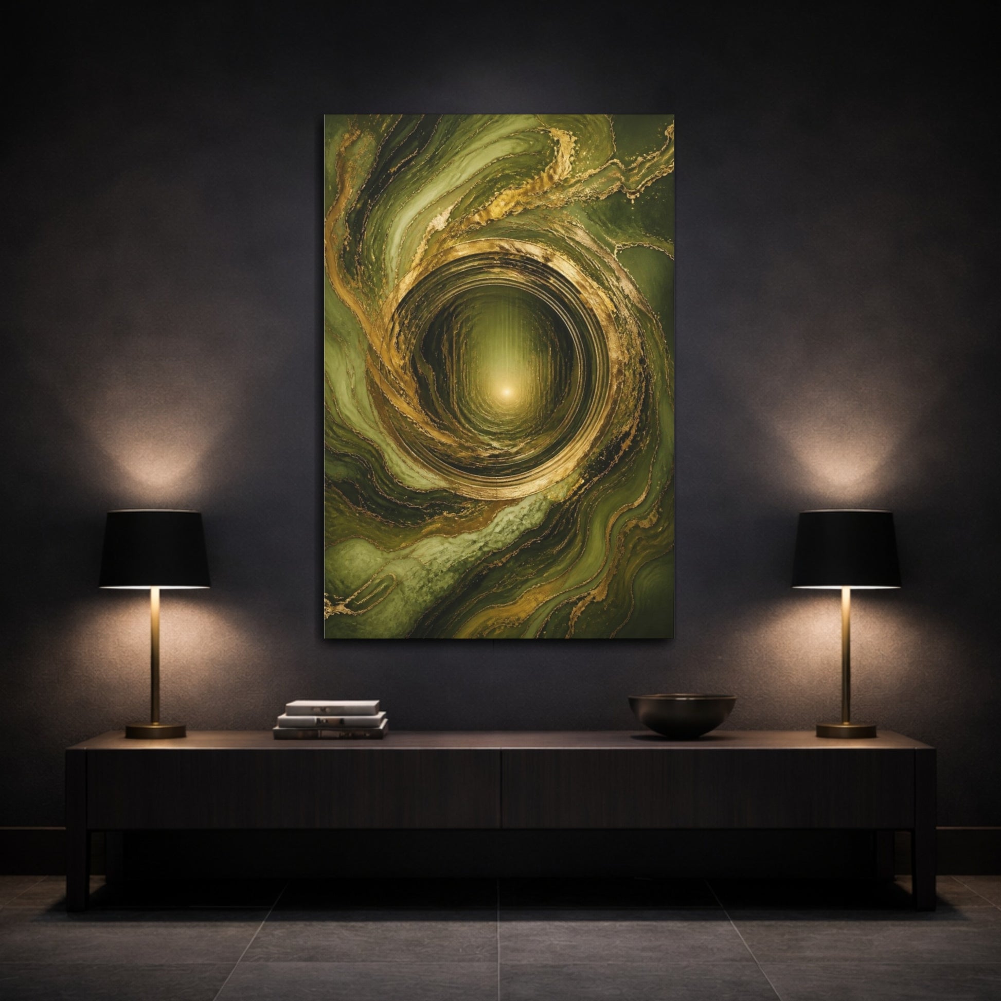 Mockup 3. Abstract Gold Vortex shown as canvas print