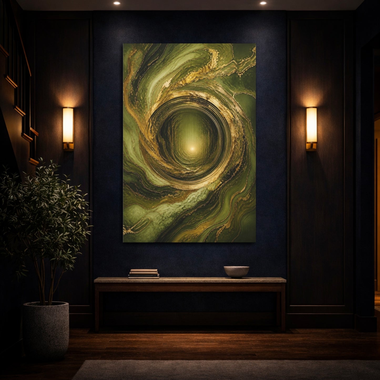Mockup 4. Abstract Gold Vortex shown as canvas print