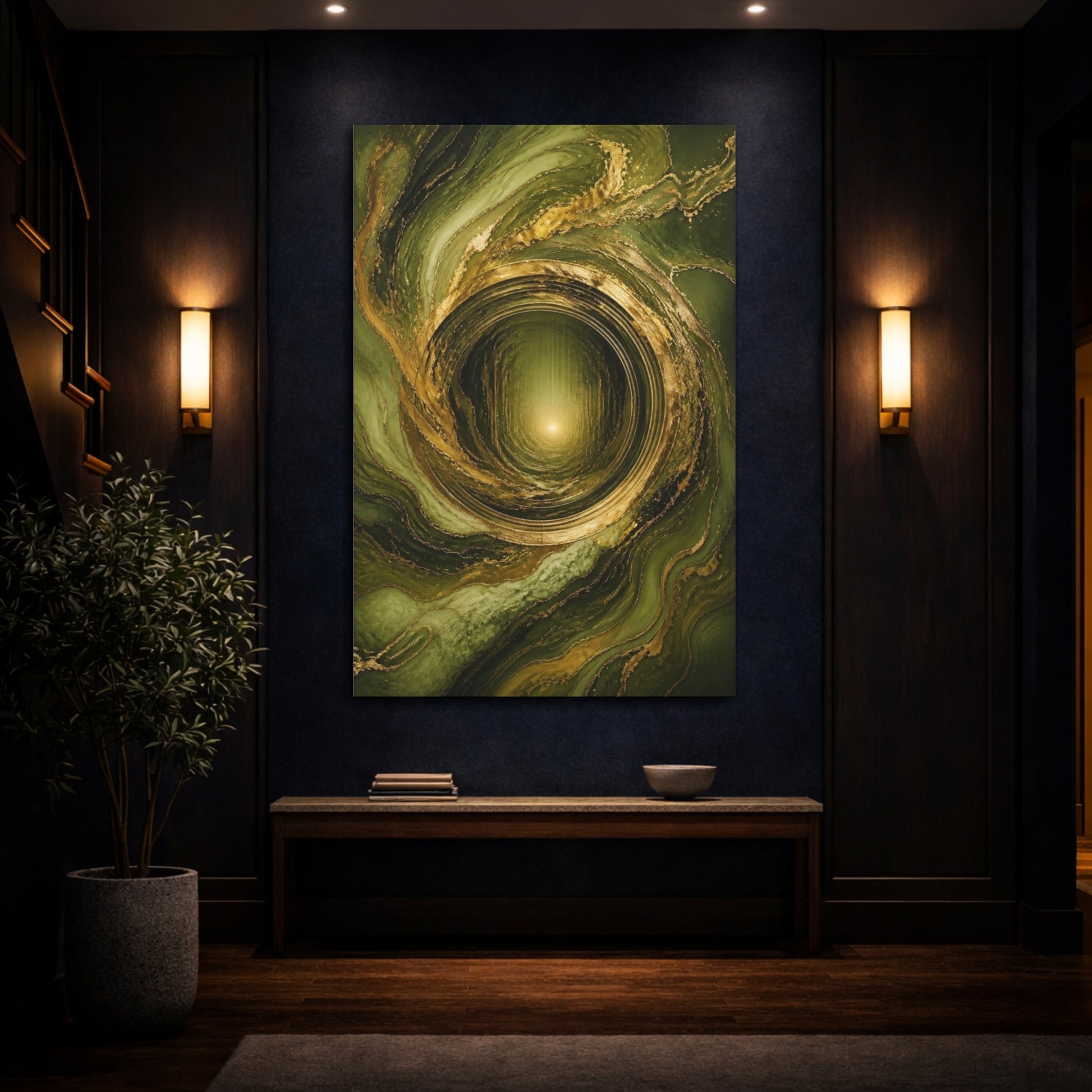 Mockup 4. Abstract Gold Vortex shown as canvas print