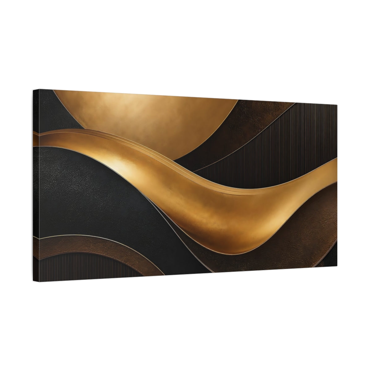 Side Mockup 1. Abstract Gold Waves Gold And Black Abstract shown as stretched canvas wall art