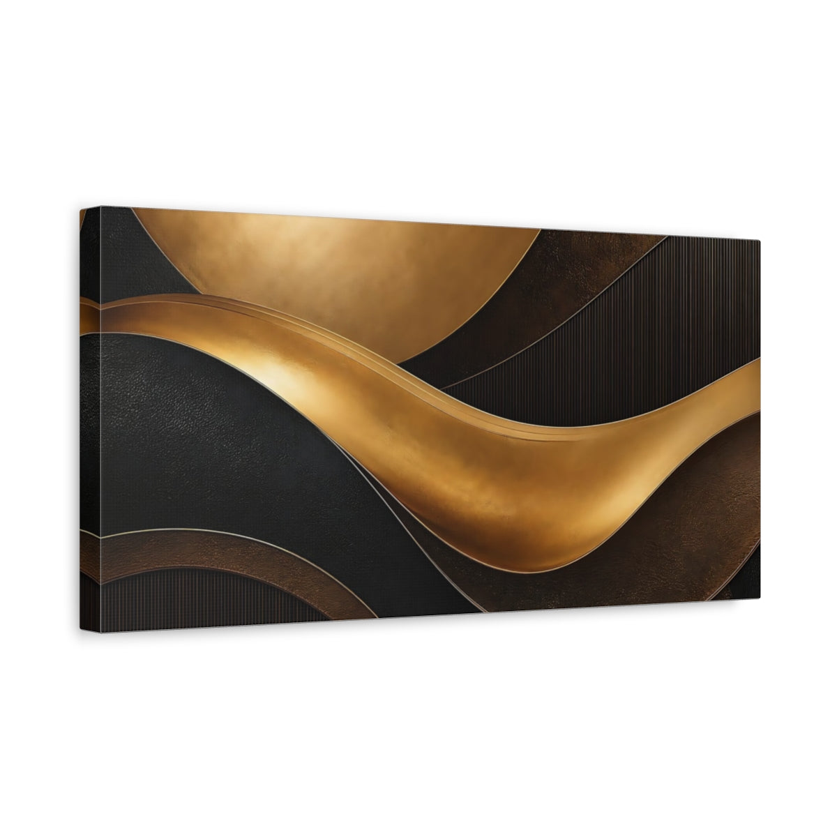 Side Mockup 3. Abstract Gold Waves Gold And Black Abstract shown as stretched canvas wall art