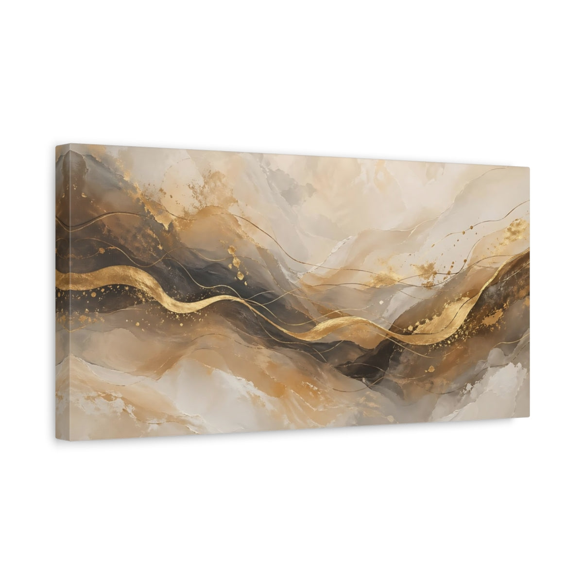 Side Mockup 3. Abstract Gold Waves Gold And Gray Abstract shown as stretched canvas wall art
