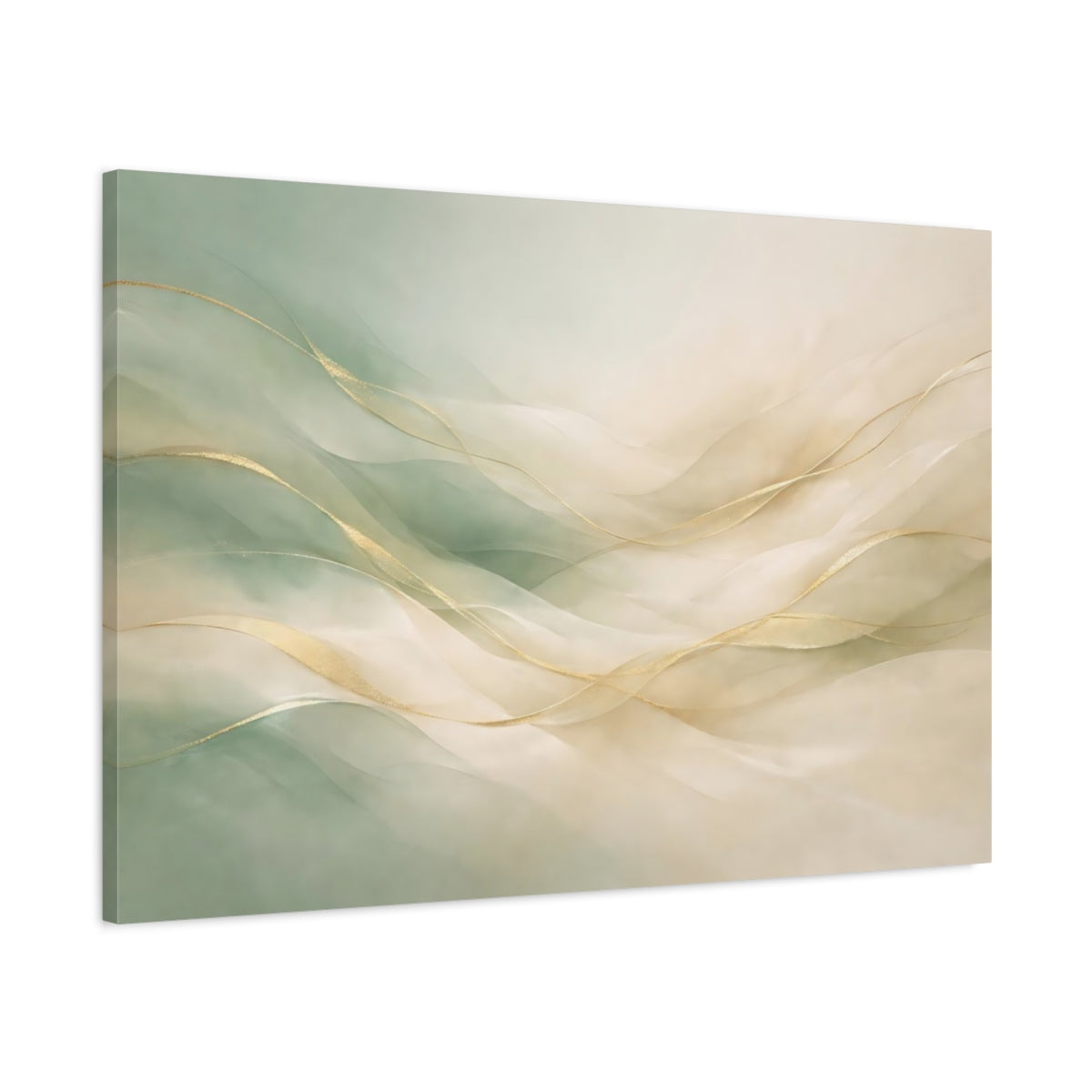 Side Mockup 1. Abstract Gold Waves Gold And Green Abstract shown as stretched canvas wall art