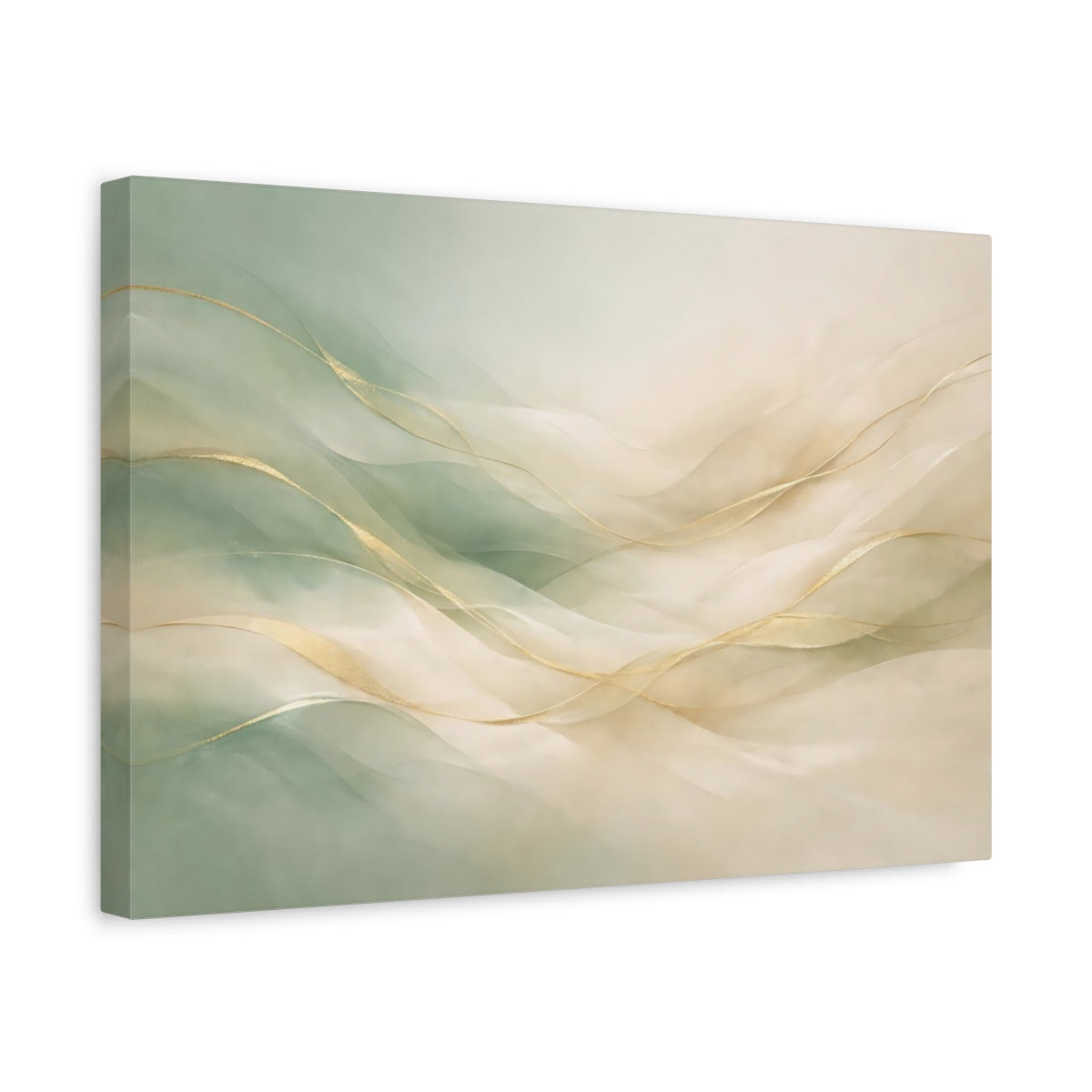 Side Mockup 4. Abstract Gold Waves Gold And Green Abstract shown as stretched canvas wall art