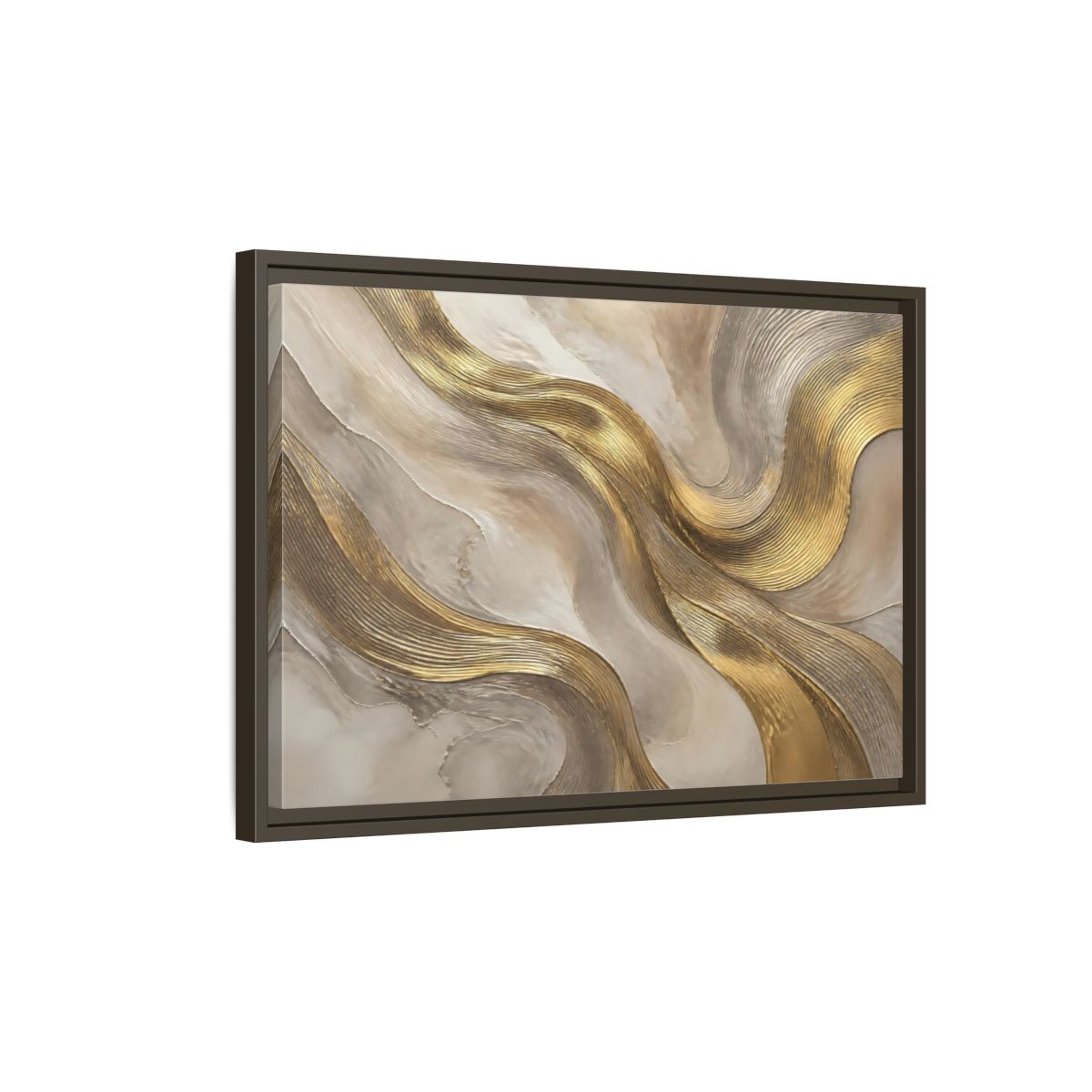 Side Mockup 2. Abstract Gold Waves shown as framed canvas print