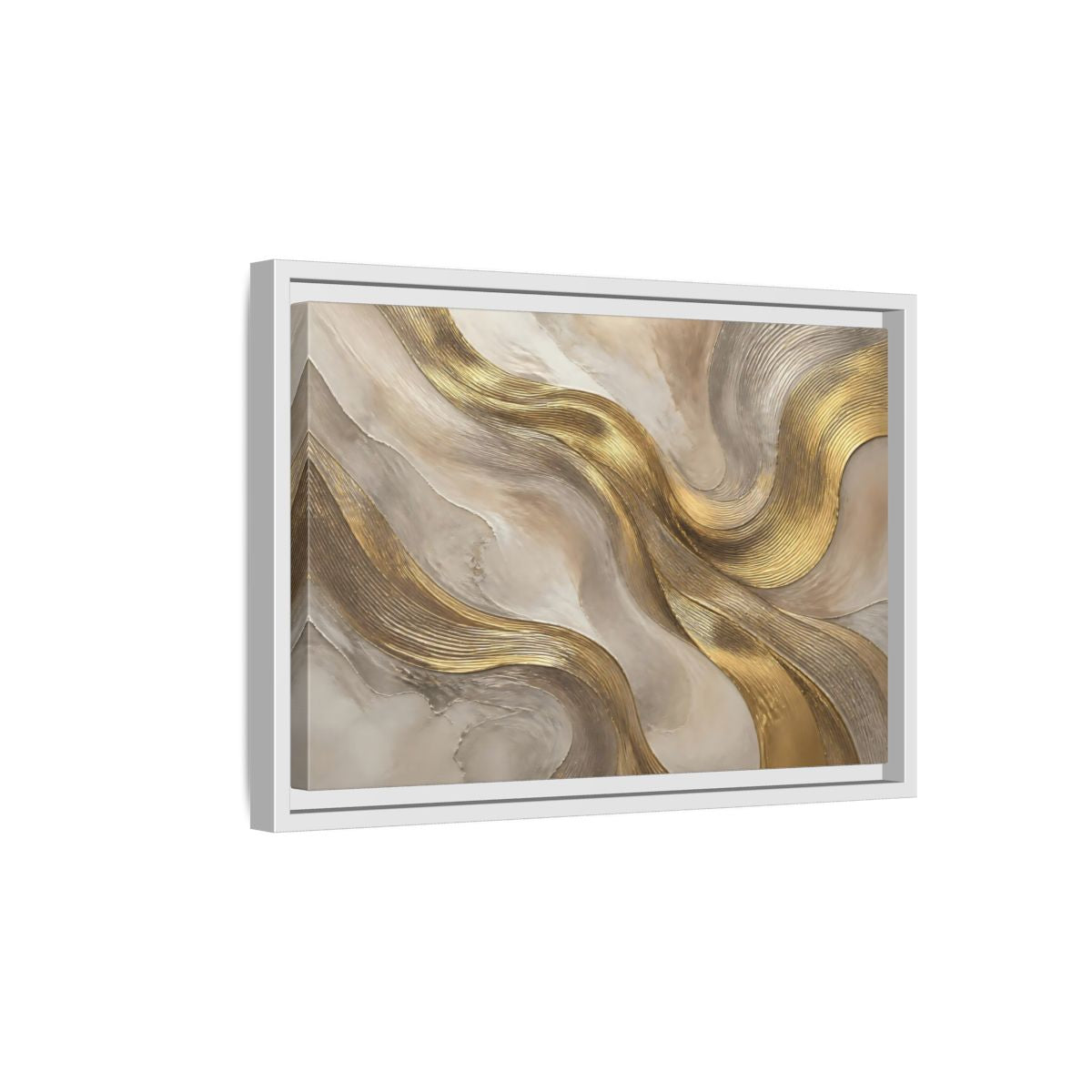 Side Mockup 4. Abstract Gold Waves shown as framed canvas print