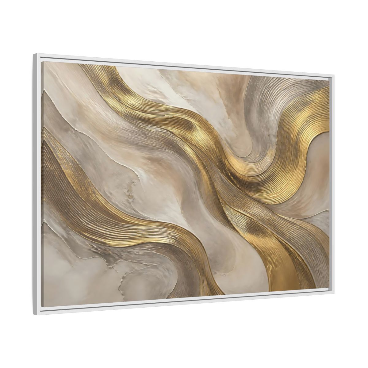 Side Mockup 7. Abstract Gold Waves shown as framed canvas print