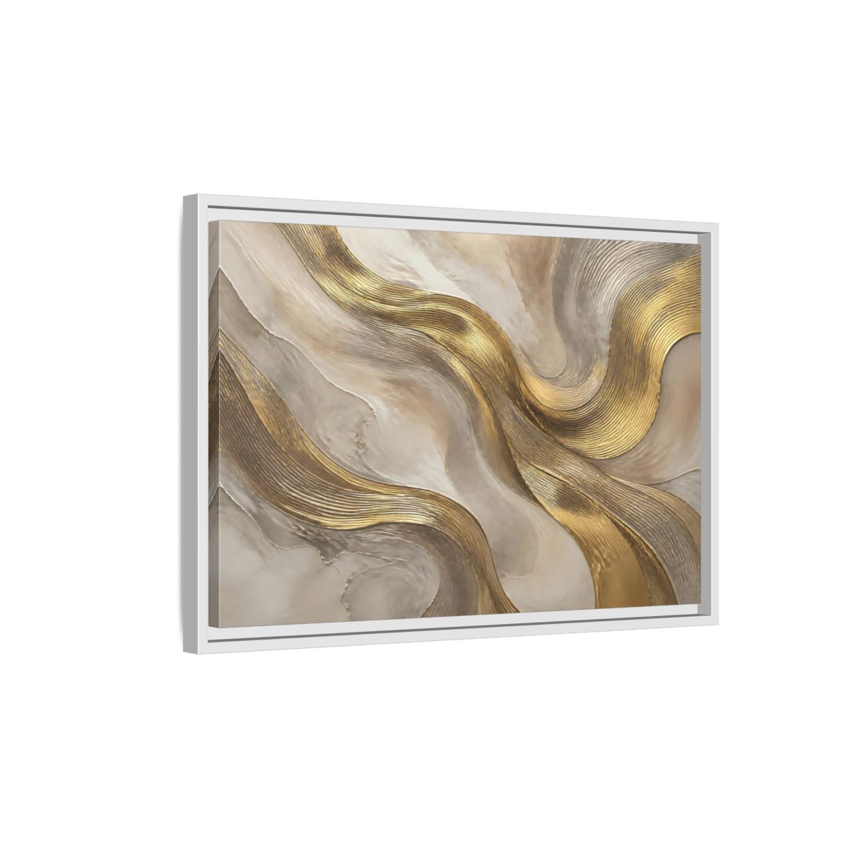 Side Mockup 1. Abstract Gold Waves shown as framed canvas print