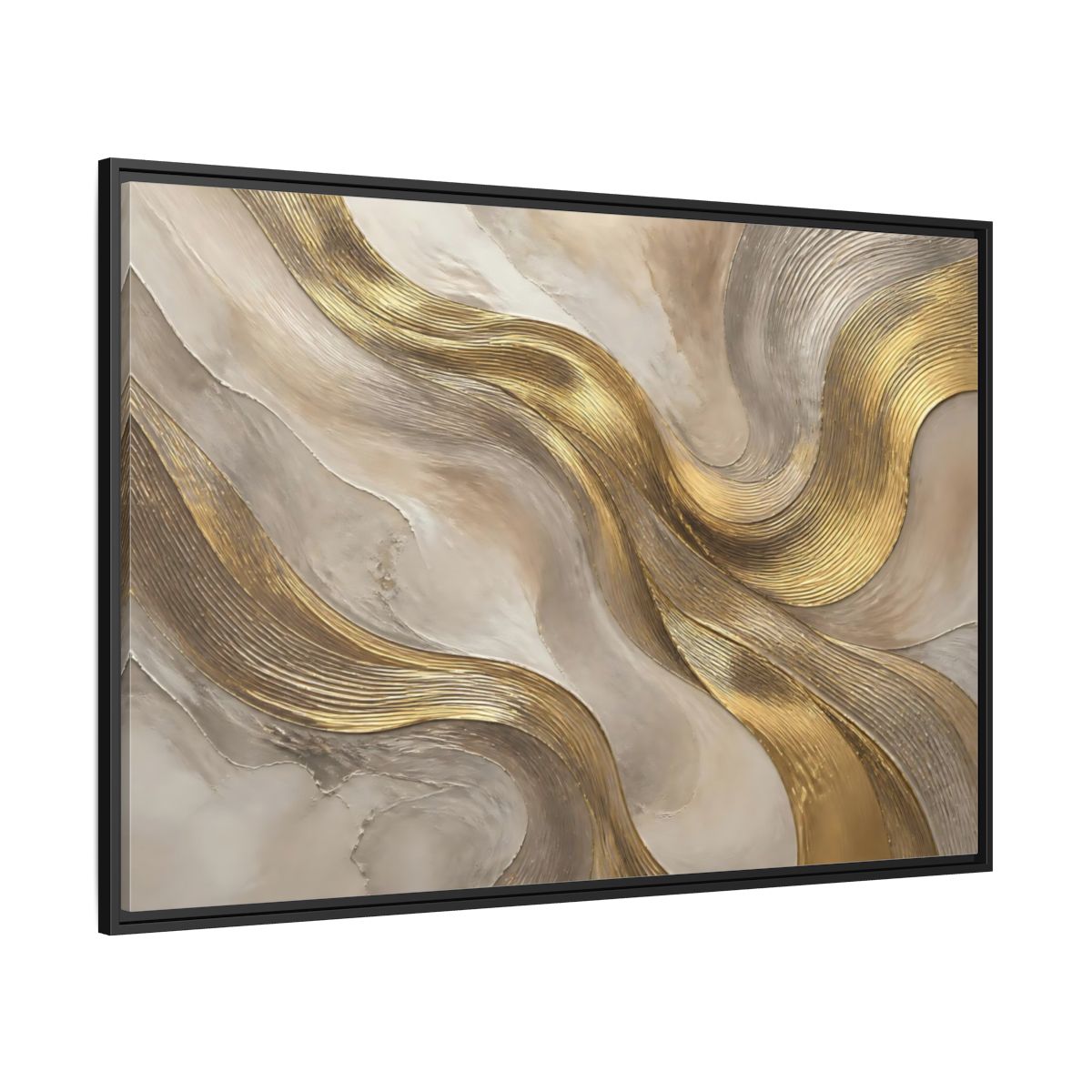 Side Mockup 12. Abstract Gold Waves shown as framed canvas print