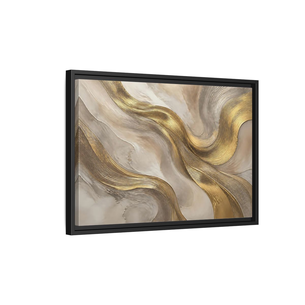 Side Mockup 3. Abstract Gold Waves shown as framed canvas print