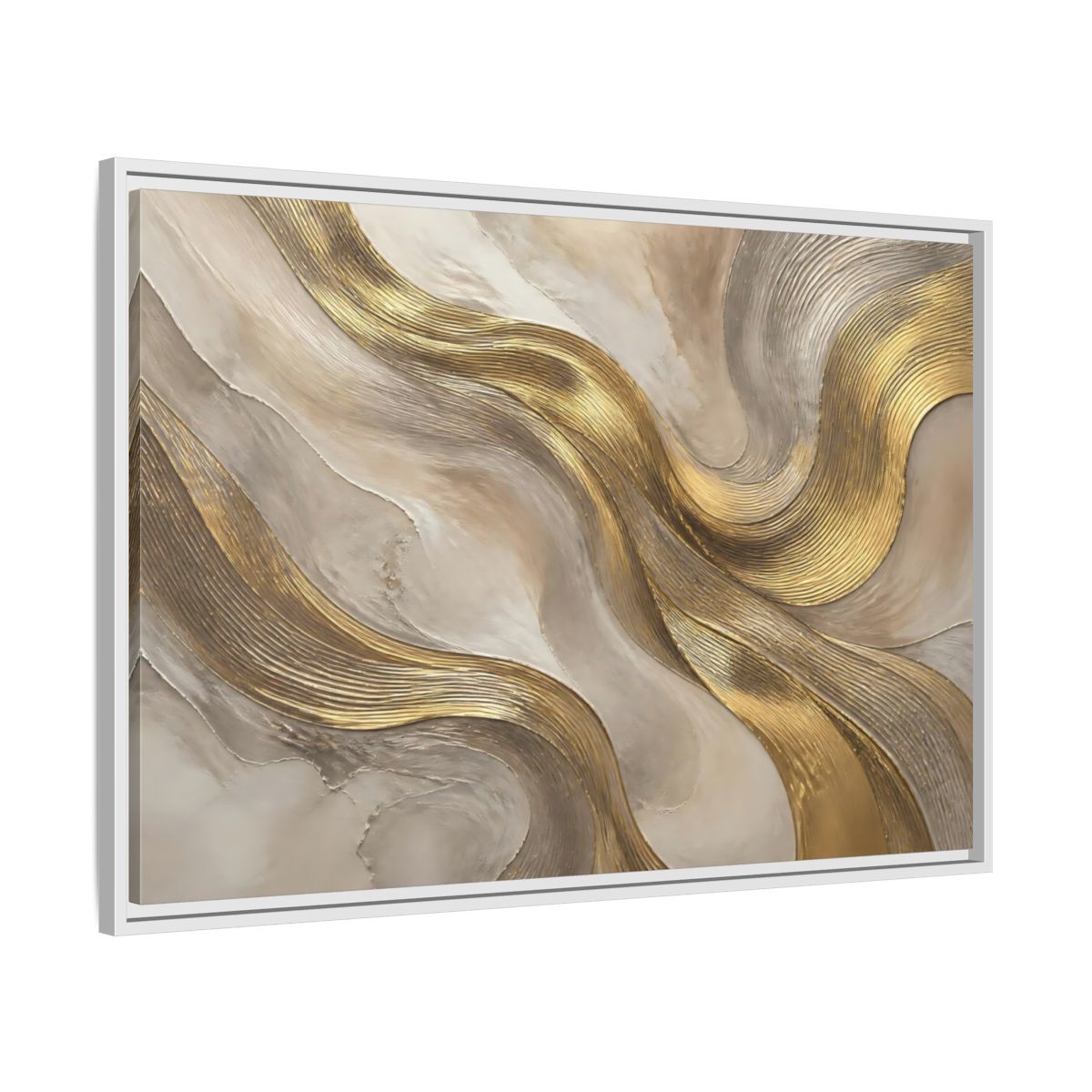 Side Mockup 9. Abstract Gold Waves shown as framed canvas print