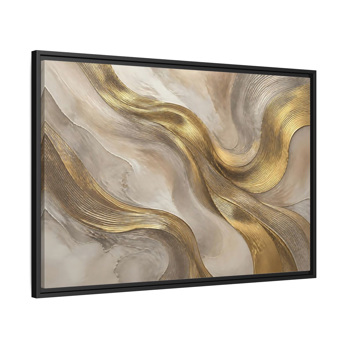 Side Mockup 13. Abstract Gold Waves shown as framed canvas print