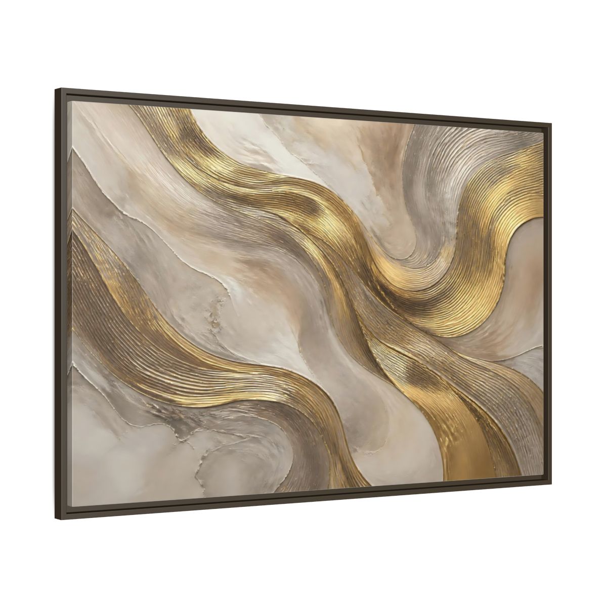Side Mockup 8. Abstract Gold Waves shown as framed canvas print