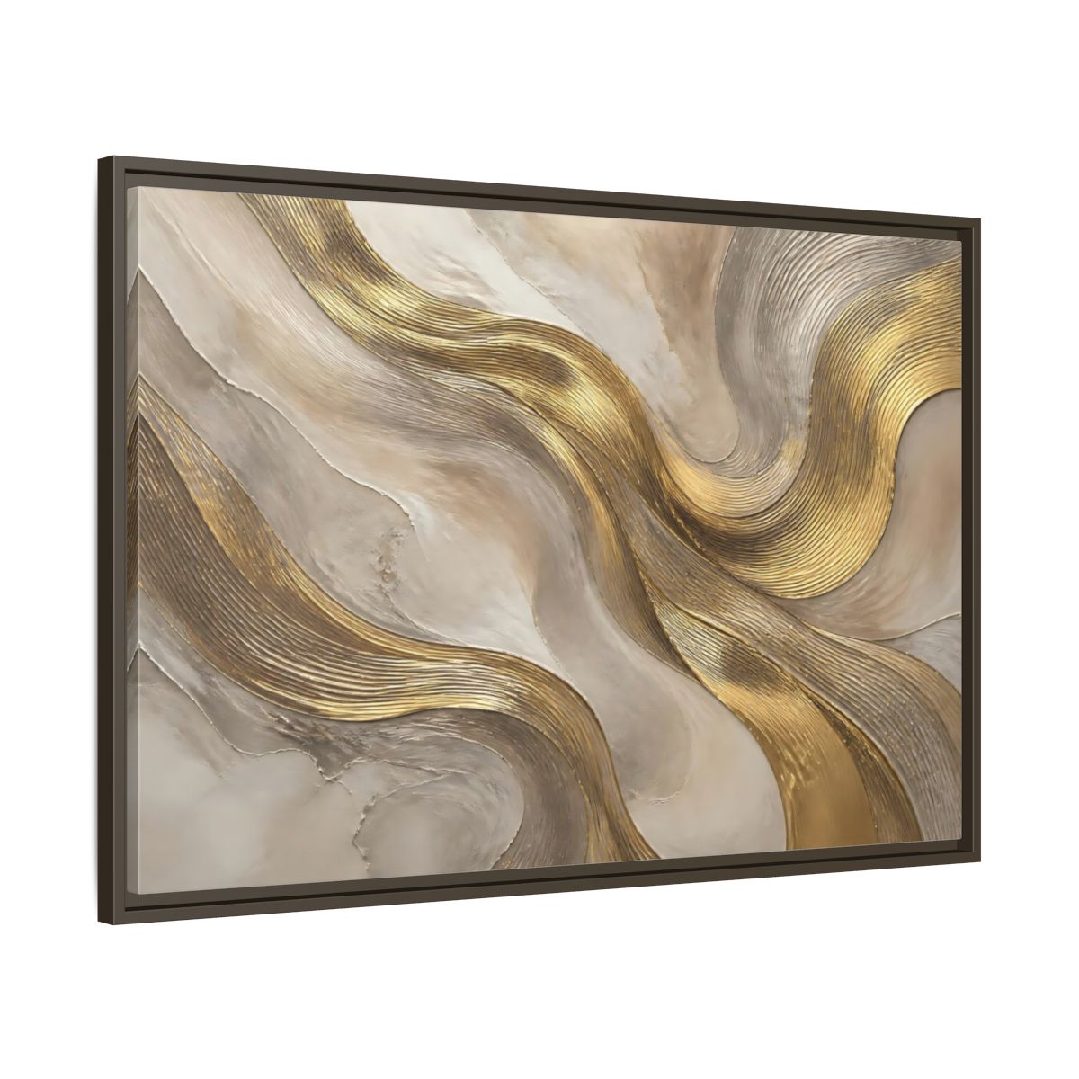 Main Mockup. Abstract Gold Waves shown as framed canvas print
