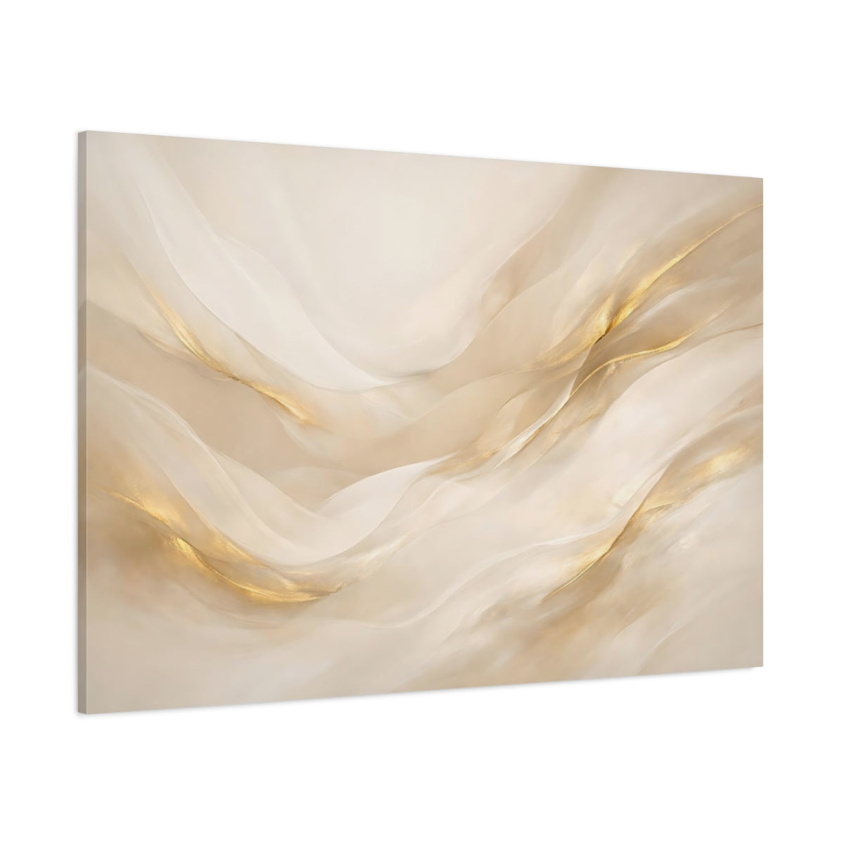 Main Mockup. Abstract Gold Waves Gold And Beige shown as stretched canvas wall art