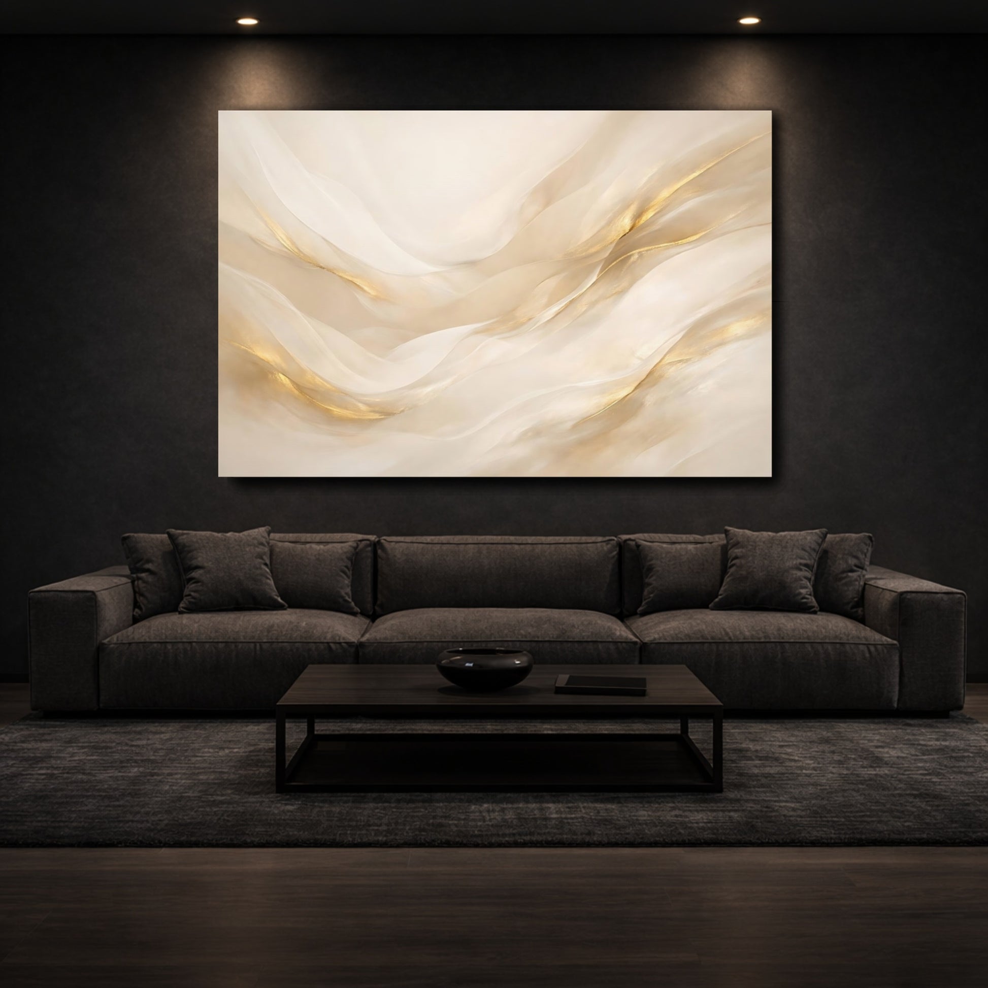 Mockup 2. Abstract Gold Waves Gold And Beige shown as stretched canvas wall art